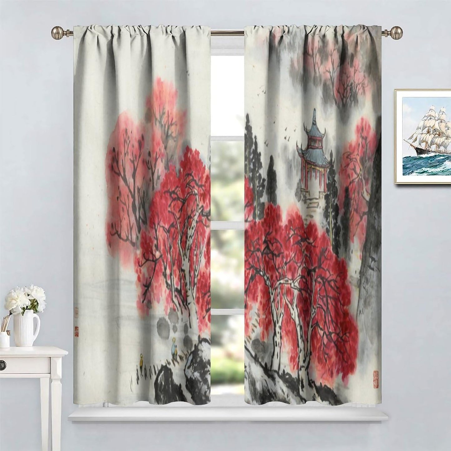 Asian Curtain Red Cherry Blossom Japanese Flower Branch Koi Oriental Chinese Ancient Ink Landscape Wind Printing Curtain for Kitchen Bedroom Living Room Blackout Curtain 42x45 Inch 2 Panels
