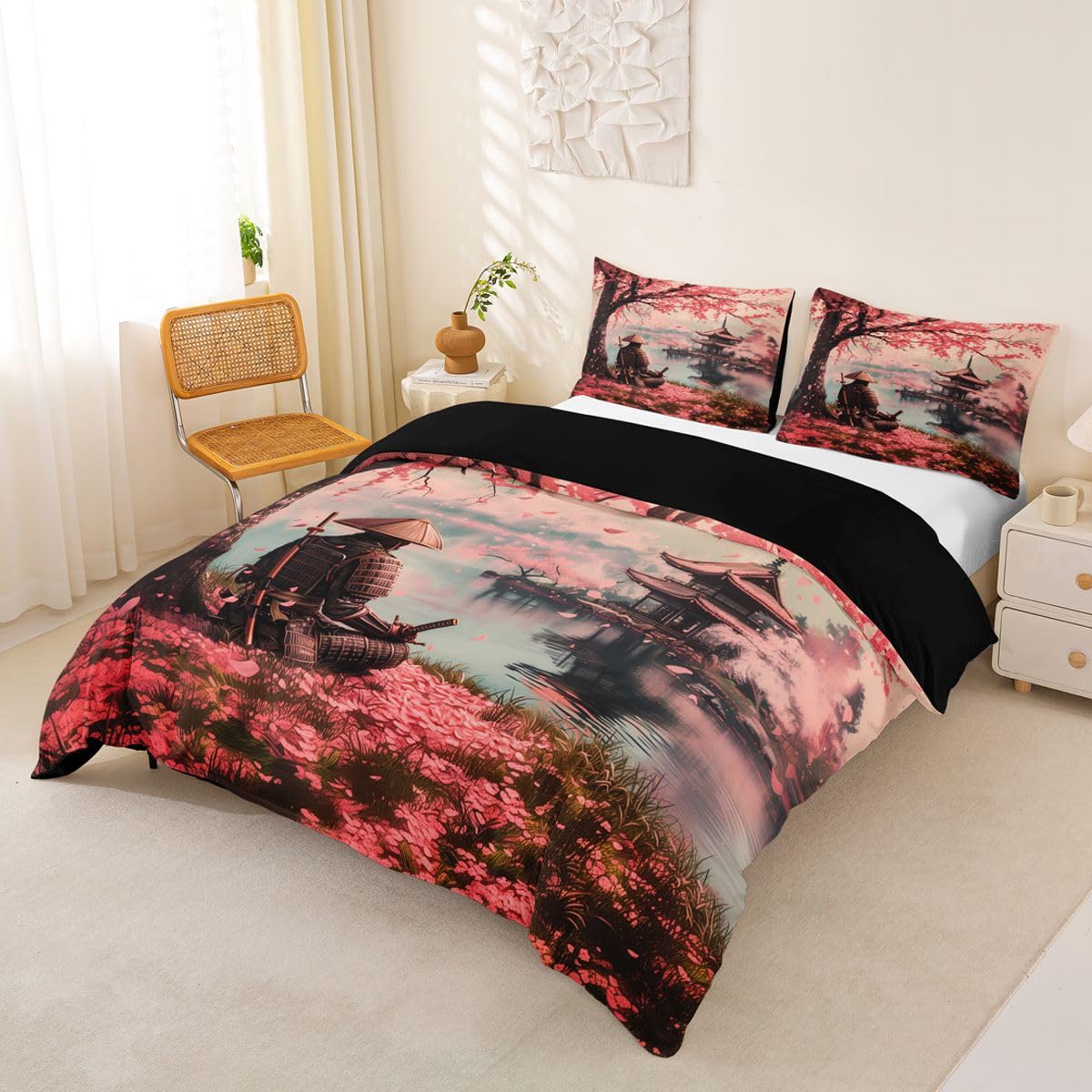 jejeloiu Samurai Duvet Cover Full Size Japan Style Comforter Cover for Boys Girls Cherry Blossoms Bedding Set 3Pcs Japanese Ukiyoe Room Decor