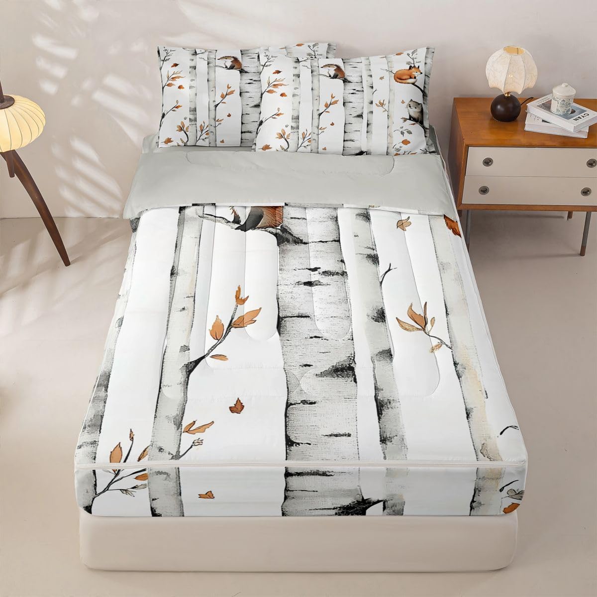 Erosebridal Cartoon Animals Zipper Comforter Set Twin Woodland Forest Bedding Set for Kids Rustic Cabin Lodge Bed in a Bag Fox Hedgehog Wildlife Botanical Branches Decor Zippered Quilt Fitted Sheet