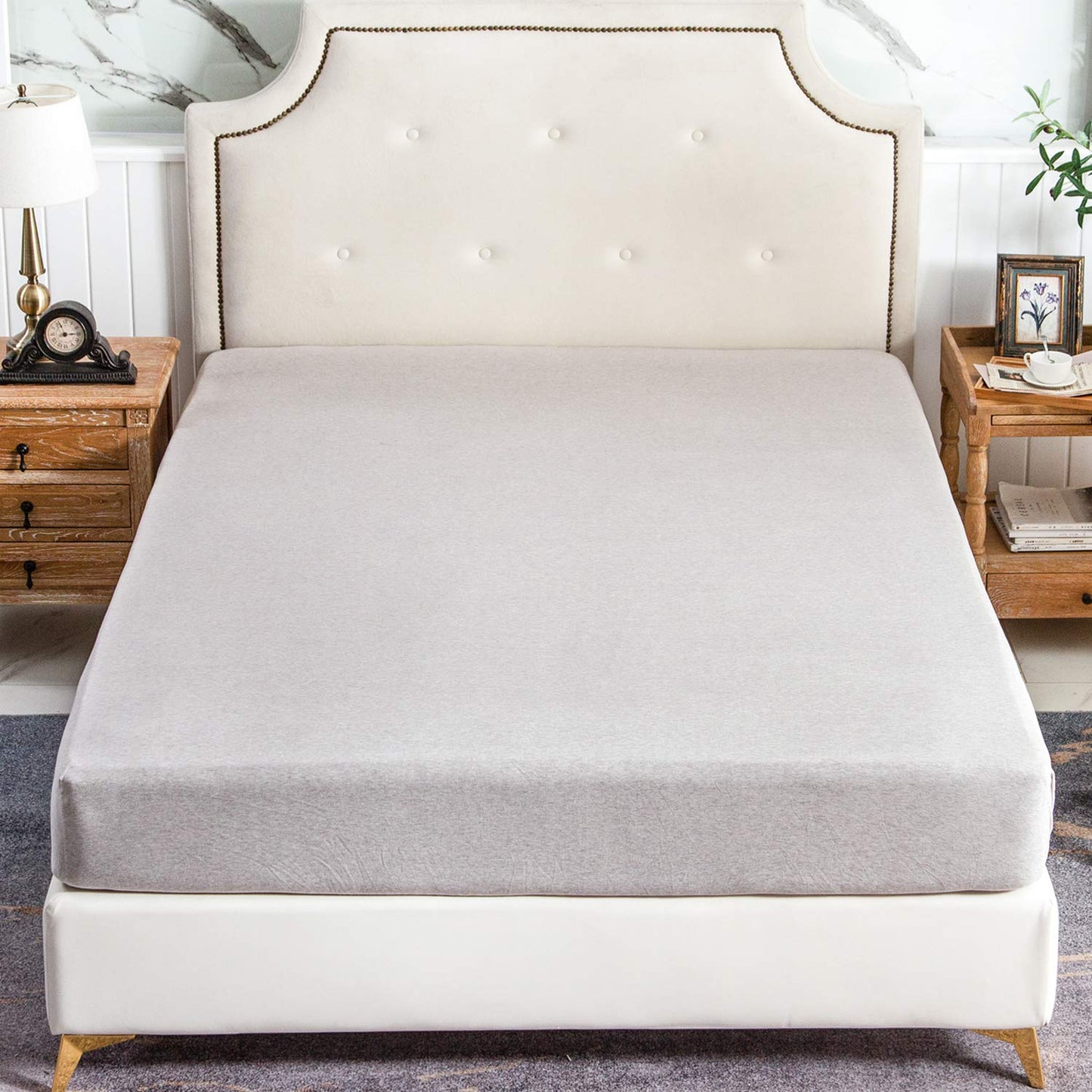 PURE ERA Jersey Knit Cotton Fitted Bottom Sheet ONLY (No Flat Sheet or Pillow Cases) Deep Pocket Up to 15" to 20" Ultra Soft Comfy Breathable Beige Queen