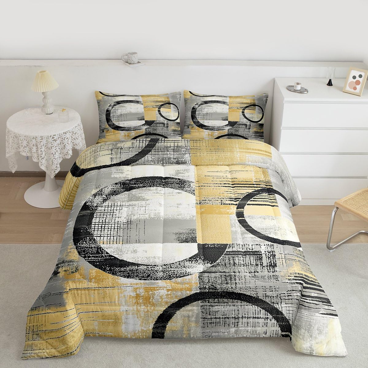 Feelyou Abstract Comforter Set Full Size Modern Abstract Art Bedding Set Geometric Duvet Quilt Luxury Bedroom Decor Yellow 3 Pcs with 2 Pillow Cases