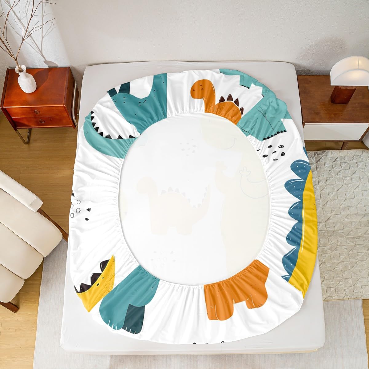 Cartoon Dinosaur Kids Fitted Sheet Cute 3D Digital Print Bed Sheet Set Decor Jungle Dino Bedding Set Wild Animal Pattern Yellow Blue Bed Cover Bedroom Quilt Cover 2Pcs Twin