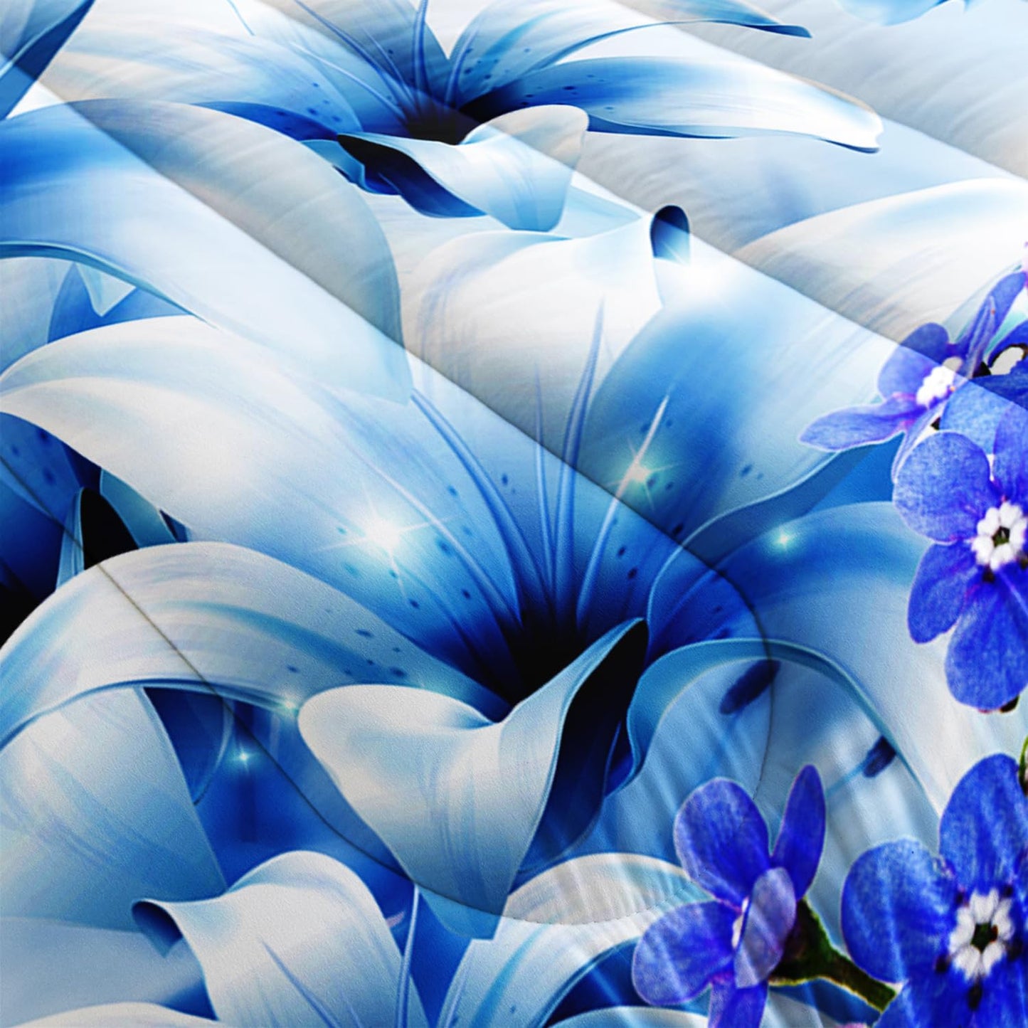 AILONEN Butterfly Girls Comforter Set Queen Size, Blue Lily Flowers Bedding Set for Kids Teen,Animals Botanical Floral Duvet Set 3 Pieces,1 Quilt and 2 Pillowcases