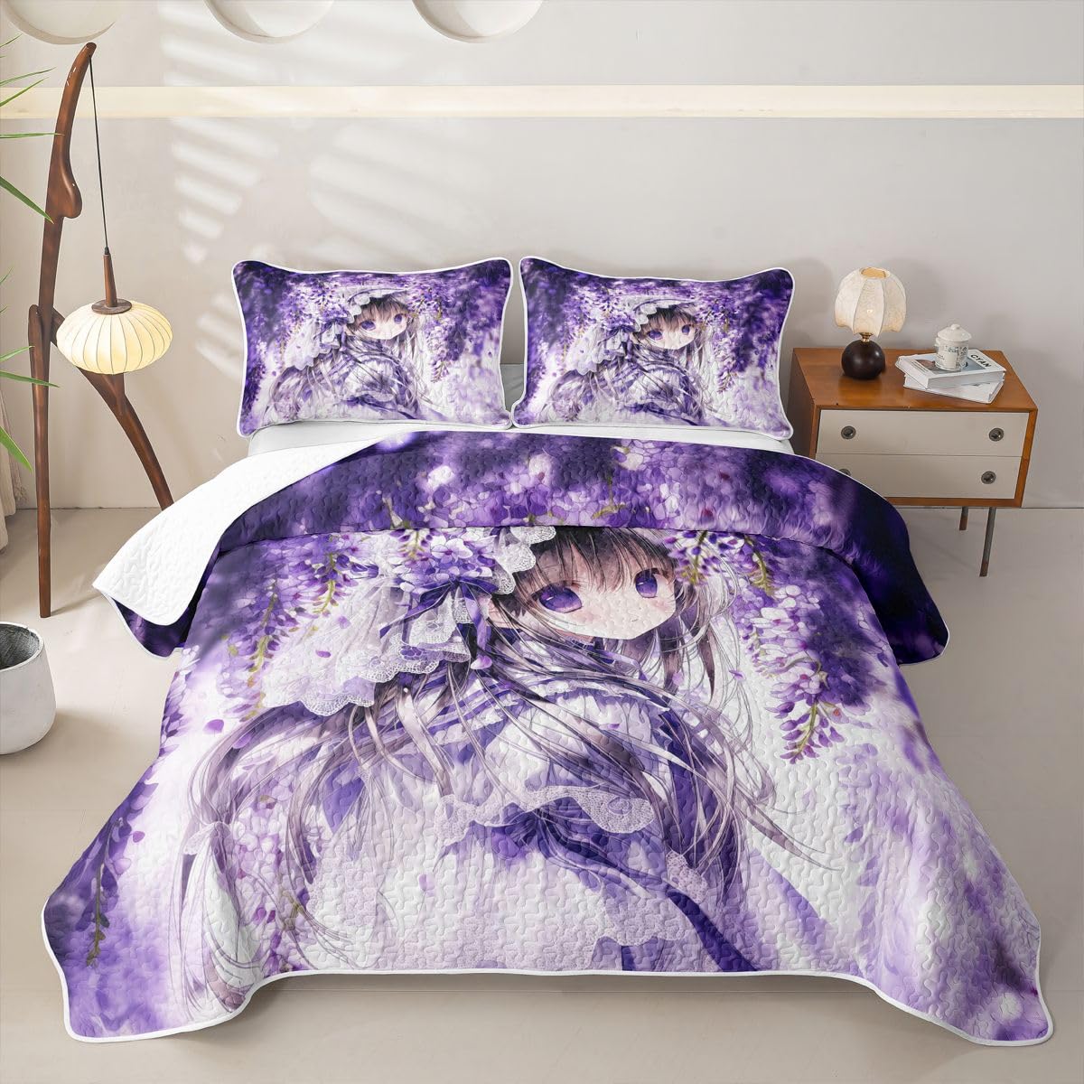 Erosebridal Lilac Flower Girl Quilt Twin Size - Purple Spring Floral Bedspread Anime Girl Bed Coverlet with 1 Pillowcase