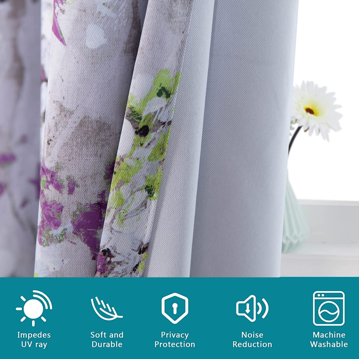 MYSKY HOME Purple Curtains 84 Inch Long 2 Panel Thermal Insulated Half-Blackout Flowers and Leaves Printed Curtains with Grommet