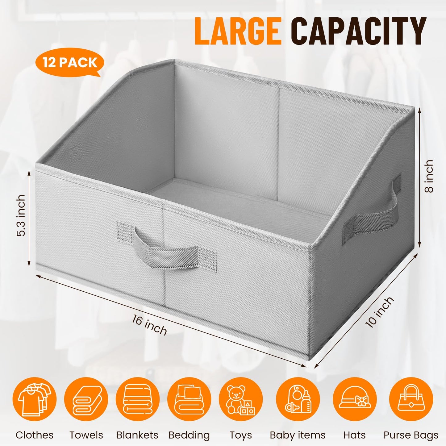 Criusia Closet Organizers Bins 12 Pack - Large Closet Shelf Organizer with Handles - Fabric Trapezoid Home Organization and Storage Baskets for Organizing Clothes Toy Blanket Towel Purse Hats