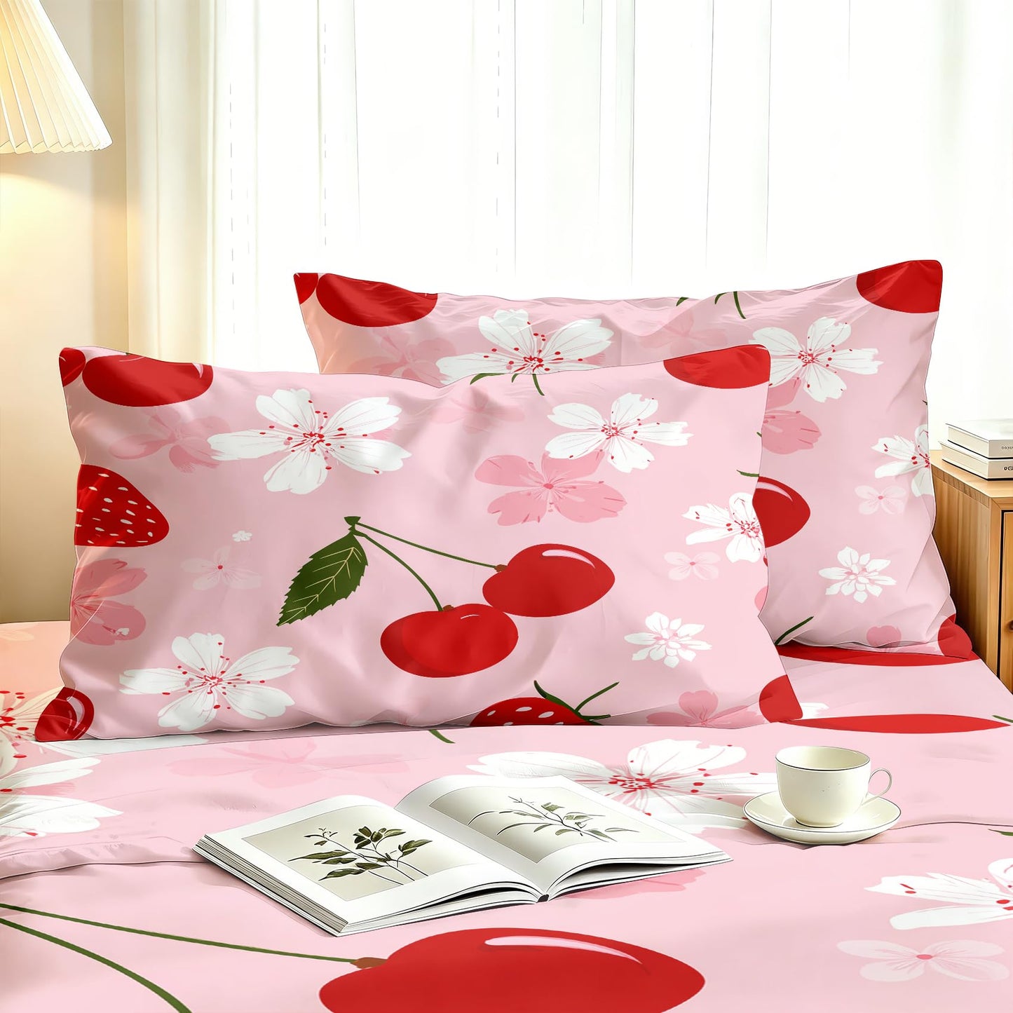 Cherry Blossom Sheet Set, 4 Pcs Full Size Girls Pink Bed Sheets