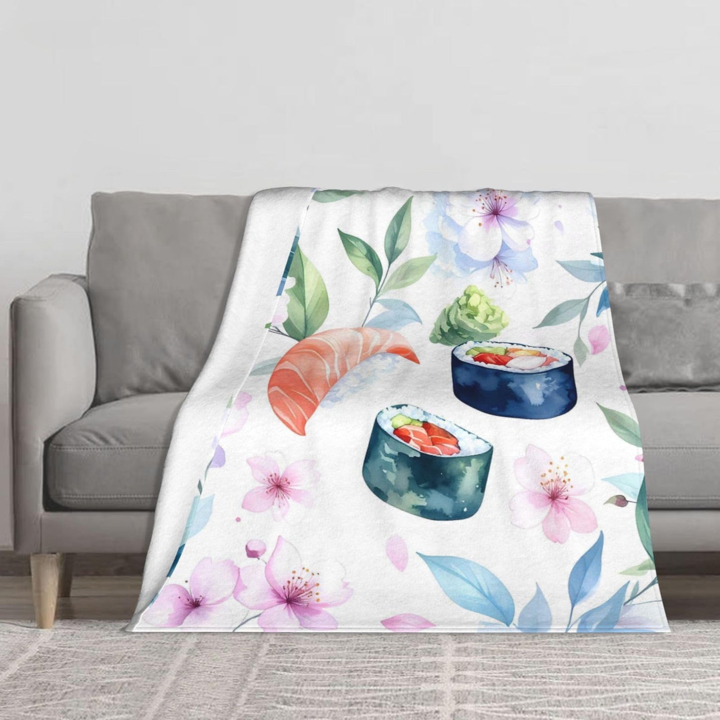 Duuppgo Sushi and Flower Throw Blanket 60x50 Inch – Ultra Soft Anti-Pilling Flannel Blankets, Lightweight & Warm for Sofa, Bed, Camping, Travel
