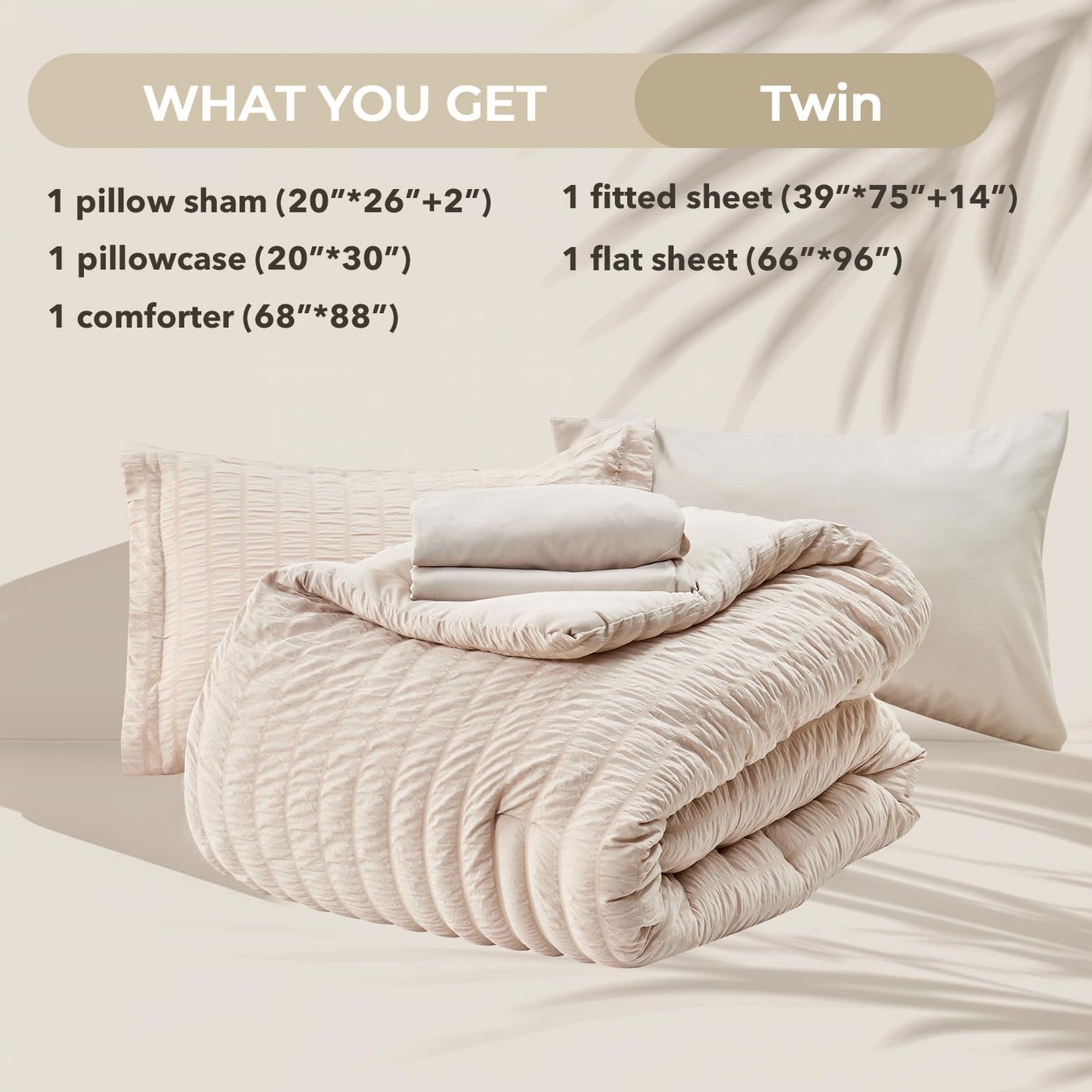 HYMOKEGE Beige Twin Comforter Set Seersucker 5 Pieces, All Season Luxury Bed in a Bag for Bedroom, Bedding Set with Comforters, Sheets, Pillowcase & Sham