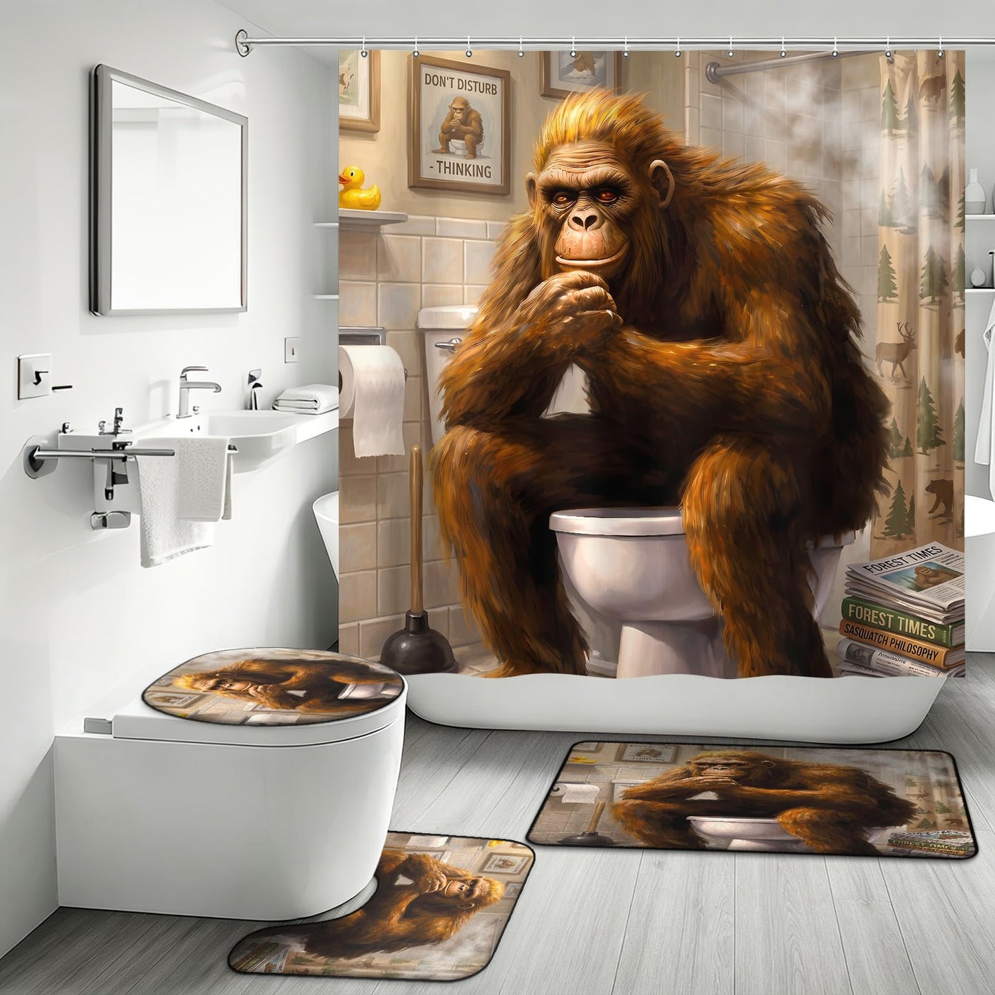 4 Piece Bigfoot Shower Curtain Sets with Non-Slip Bath Rugs, U-Shaped Mat & Toilet Lid Cover, 72x72 Inches Shower Curtain with 12 Hooks (Bigfoot Sitting On Toilet, Bigfoot Sitting On Toilet)