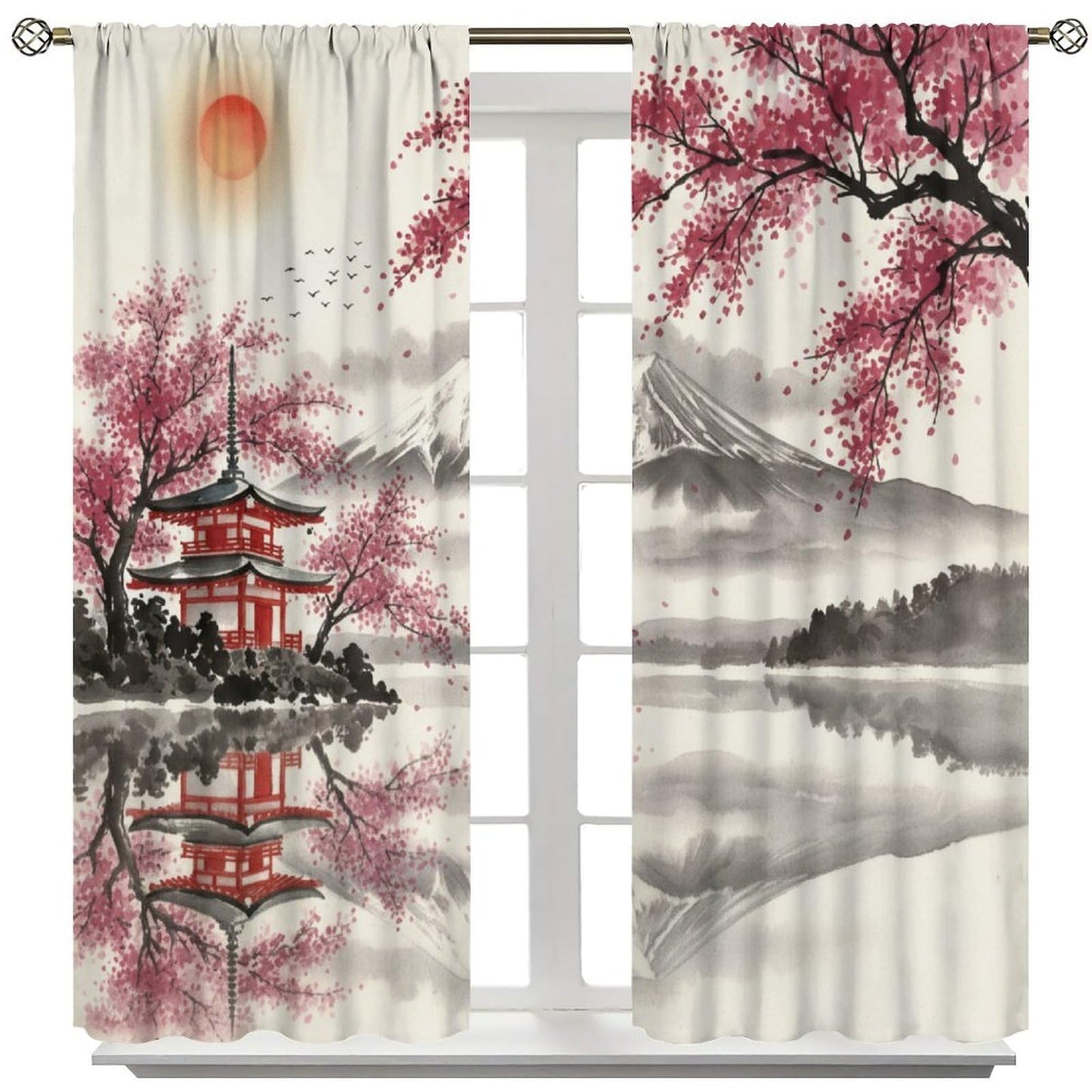 PHTAYOT Oriental Japanese Curtains Traditional Ink Painting Nature Landscape Mountains Cherry Blossoms Pattern Decor Window Treatments for Bedroom Living Room,2 Panels Set,42x45 Inch