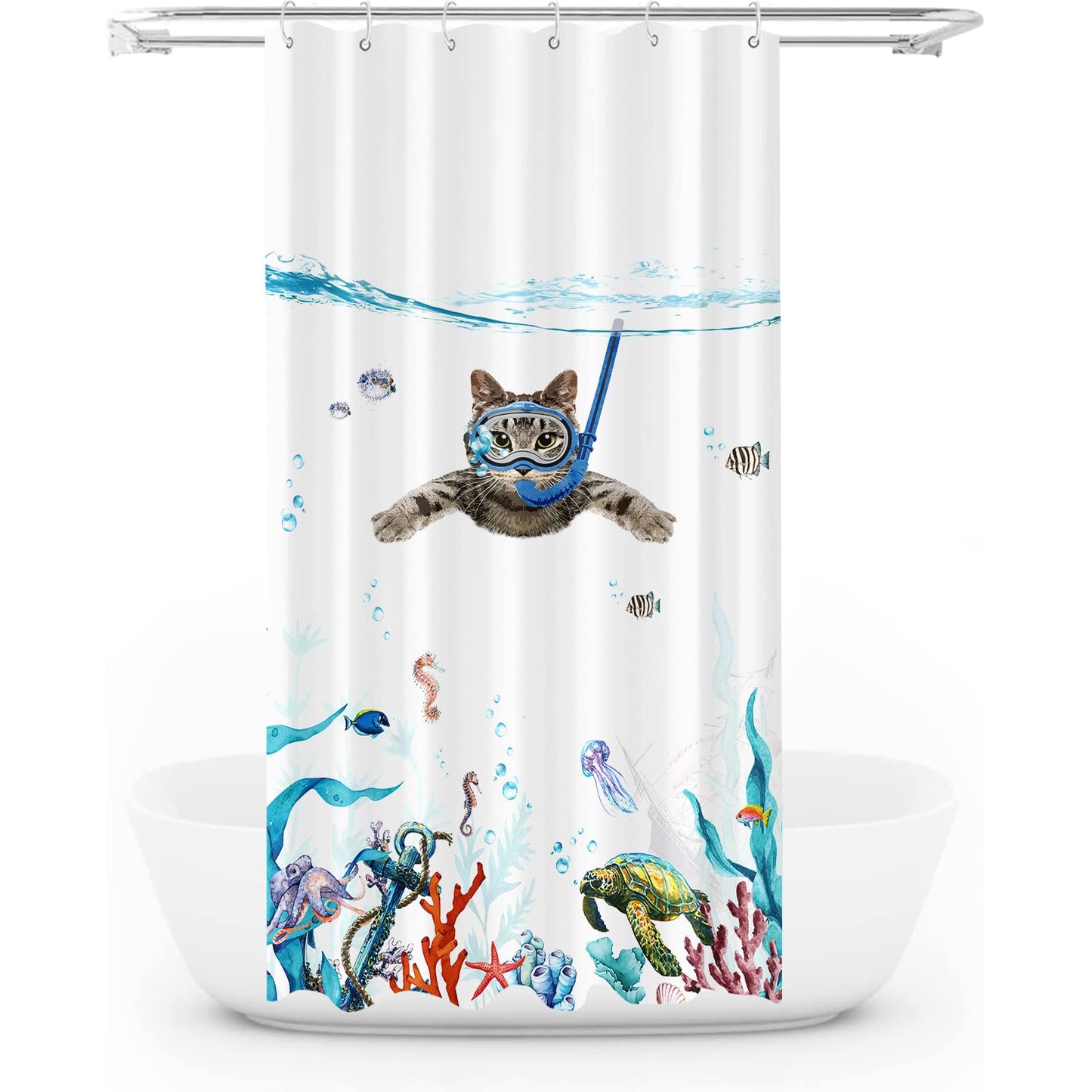 Fowocu Funny Cat Stall Shower Curtain Set Teal Blue Sea Ocean Waterproof Fabric Shower Curtains with Animal Octopus Starfish Turtle Anchor Fish Nautical Bathroom Curtain Decor (Blue, 36''×72'')