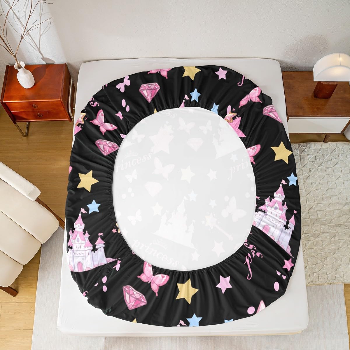 Feelyou Girls Princess Fitted Sheet with 1 Pillowcase Twin Size Cartoon Castle Bed Sheets Set 16" Deep Pocket Boys Girls Pink Butterfly Bedding Magic Teens Bedroom Decor