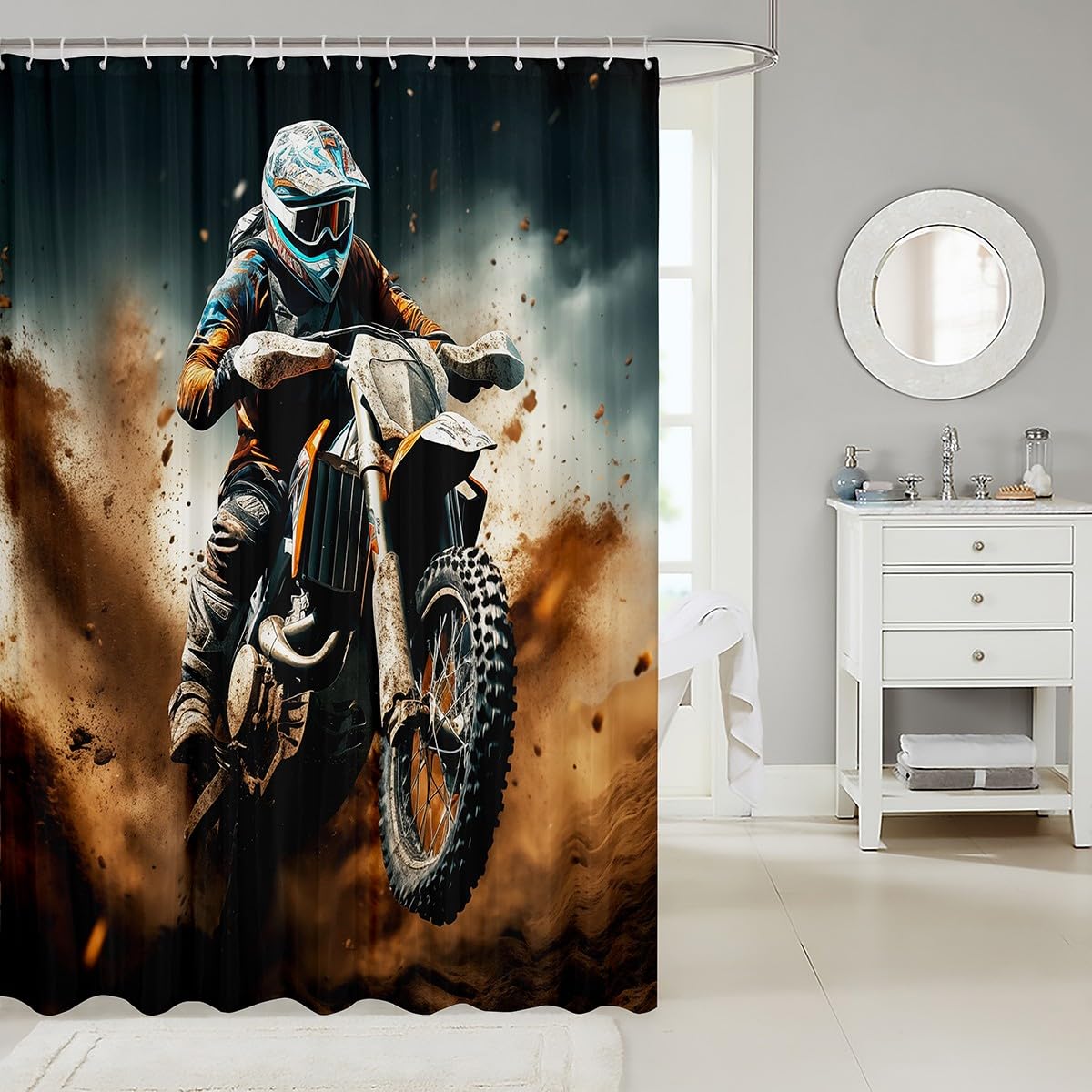 Feelyou Boys Girls Dirt Bike Shower Curtain Extreme Sports Bath Curtain Racing Motocross Bathroom Shower Curtain Set Kids Motorcycle Teens Bathroom Accessories Room Decor 72"x78"