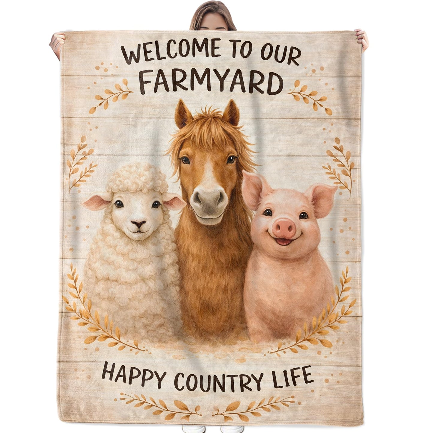 Cute Horse Pig Sheep Farmyard Blanket Soft Cozy Farm Animal Flannel Throw Blanket, Gifts for Kids Boys Girls, Warm Yet Lightweight Blankets for Travel, Couch, Bed, Rustic Decor Comfort Wrap 60"×50"