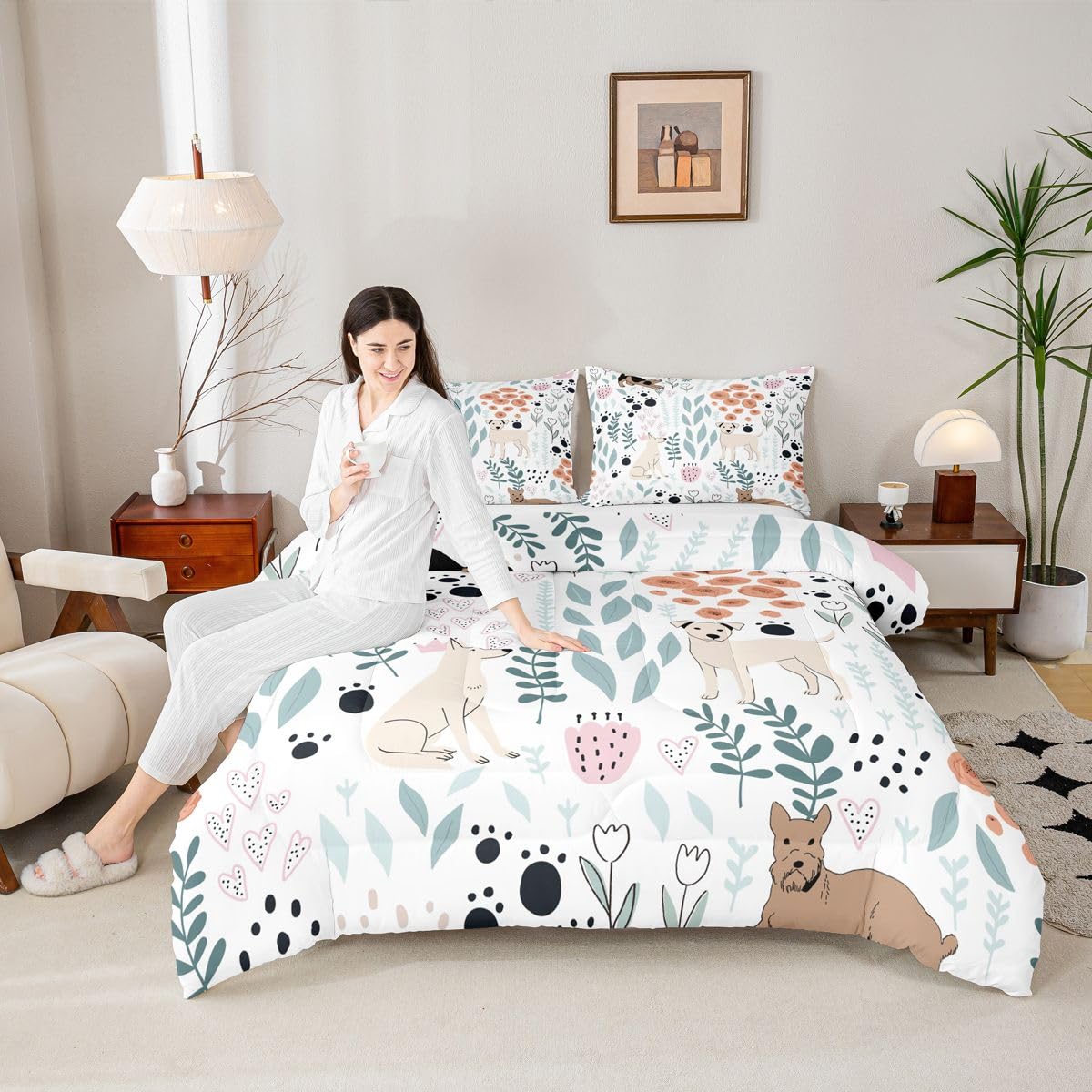 Erosebridal Kawaii Dog Bedding Set,Cartoon Puppy Dog Comforter Set Twin,Cute Love Heart Leaf Flower Comforter Set for Kids Girls Boys,Paw Print Pet Animals Quilt Duvet Insert with 1 Pillow Case
