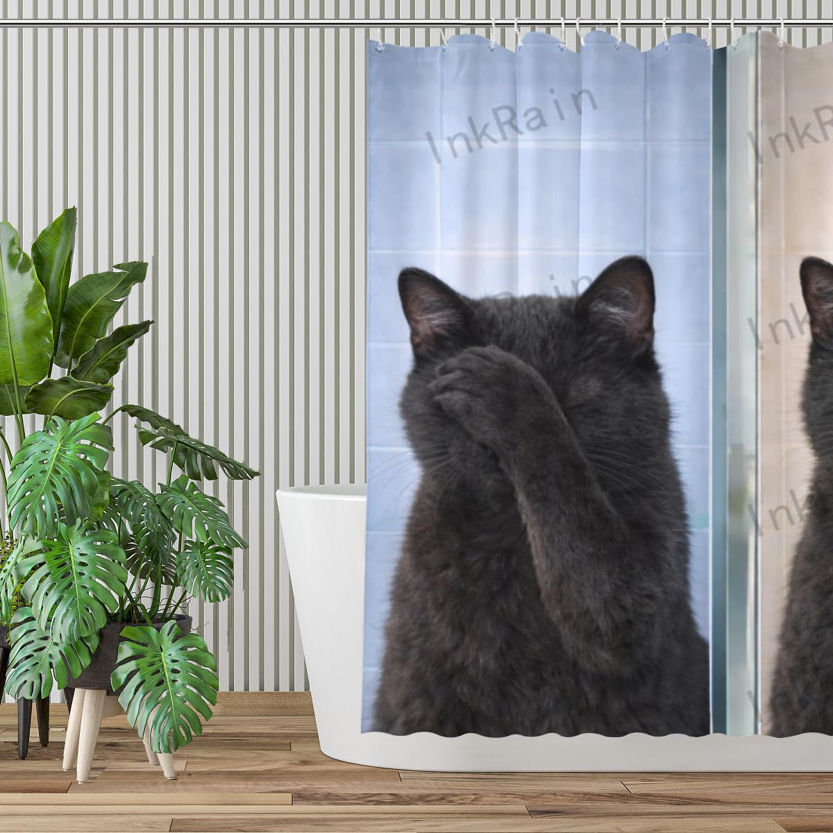 InkRain Black Cat Shower Curtain 72x72 Inch, Funny Animal Toilet Humor Bathroom Decor, Cute Black Cat Bath Curtain, Humor Bathroom Decor with 12 Hooks