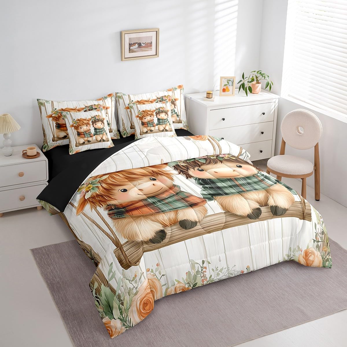 Erosebridal King Comforter Set for Kids,7 Pieces Highland Cow Bedding Sets King Bed in a Bag,Reversible Western Cow Bed Set,Farmhouse Animal Comforter, Sheets, Pillowcases and Cushion Cases