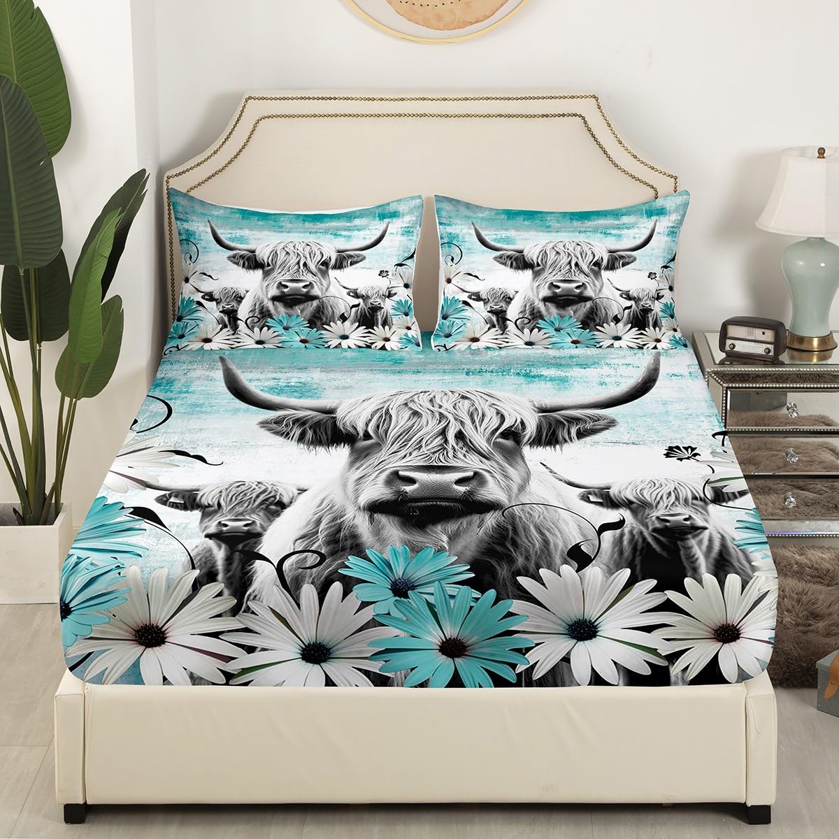 Erosebridal Highland Cow Print Bed Sheets Queen,Teal Western Farmhouse Sheet Set Rustic Home Decor,Longhorn Cattle Farm Animals Fitted Sheet Graffiti Daisy Flowers Bed Set Cowboys Gifts for Men Women