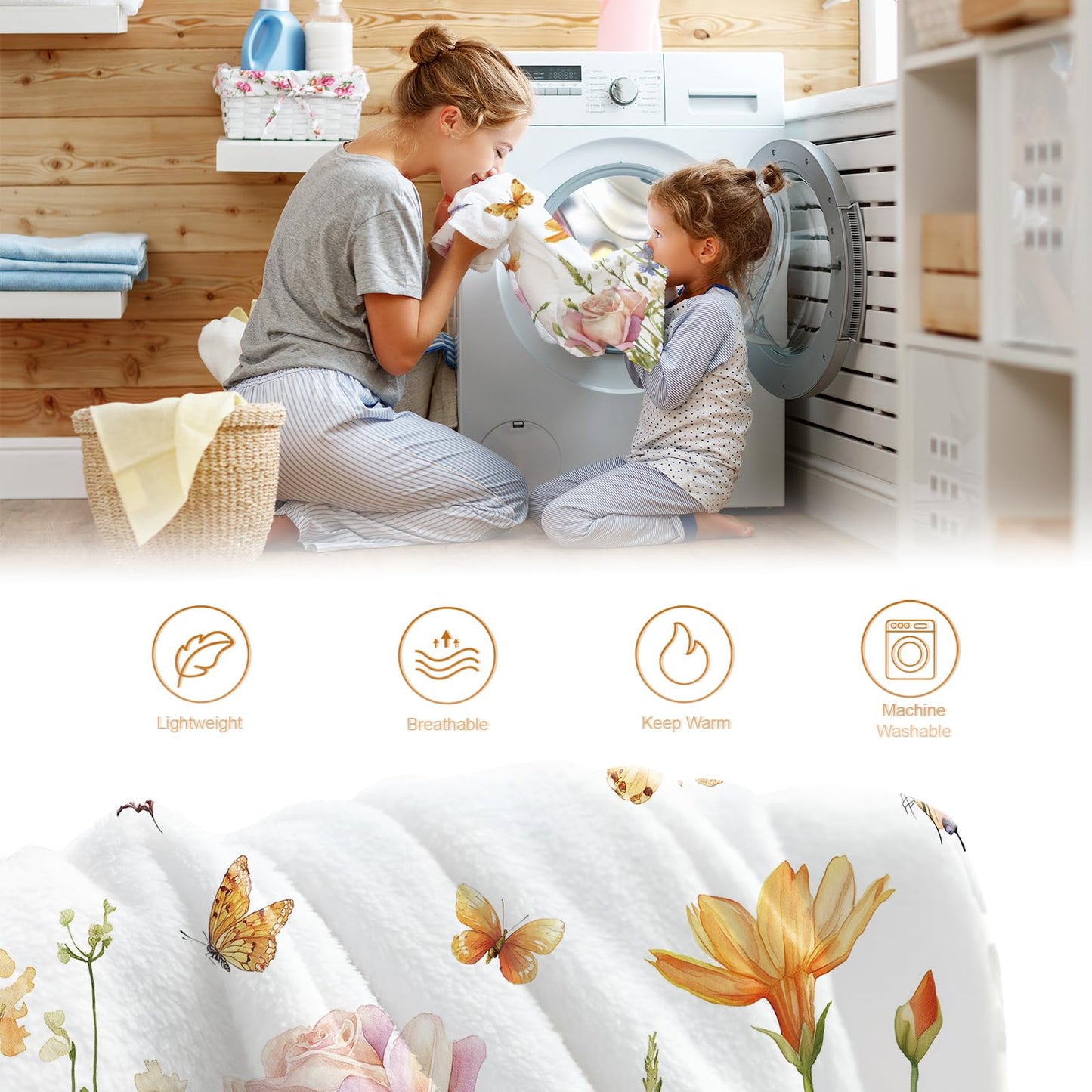 Hohoto Floral Butterfly Blanket Colorful Flowers Gifts for Women Kids Girls Wife Mom Birthday Christmas Halloween Easter Sisters Daughter Female Friends Friendship Spring Throw Blankets 50"x60"