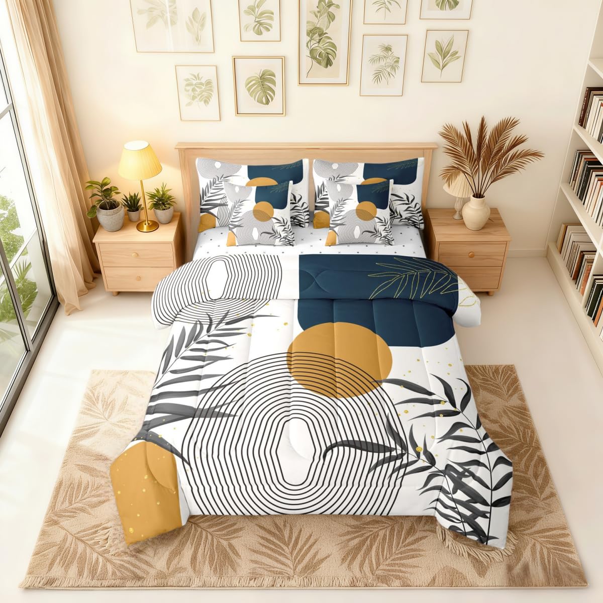 Erosebridal Boho Mid Century Full 7 Pcs Bedding Set, Contemporary Bohemian Minimalist Comforter Set with Sheets, Abstract Geometric Bed in A Bag, Sage Tropical Palm Leaves Retro Elegant Zen Bed Sets
