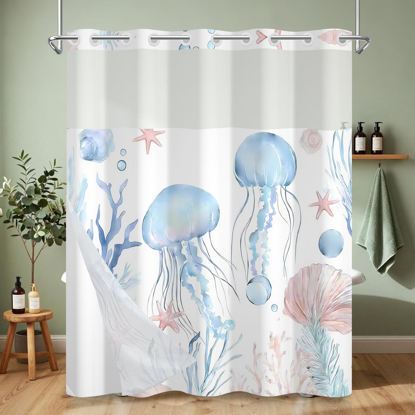 Xiazhilaio Ocean Jellyfish No Hook Shower Curtain and Liner Set 71x74 Inch