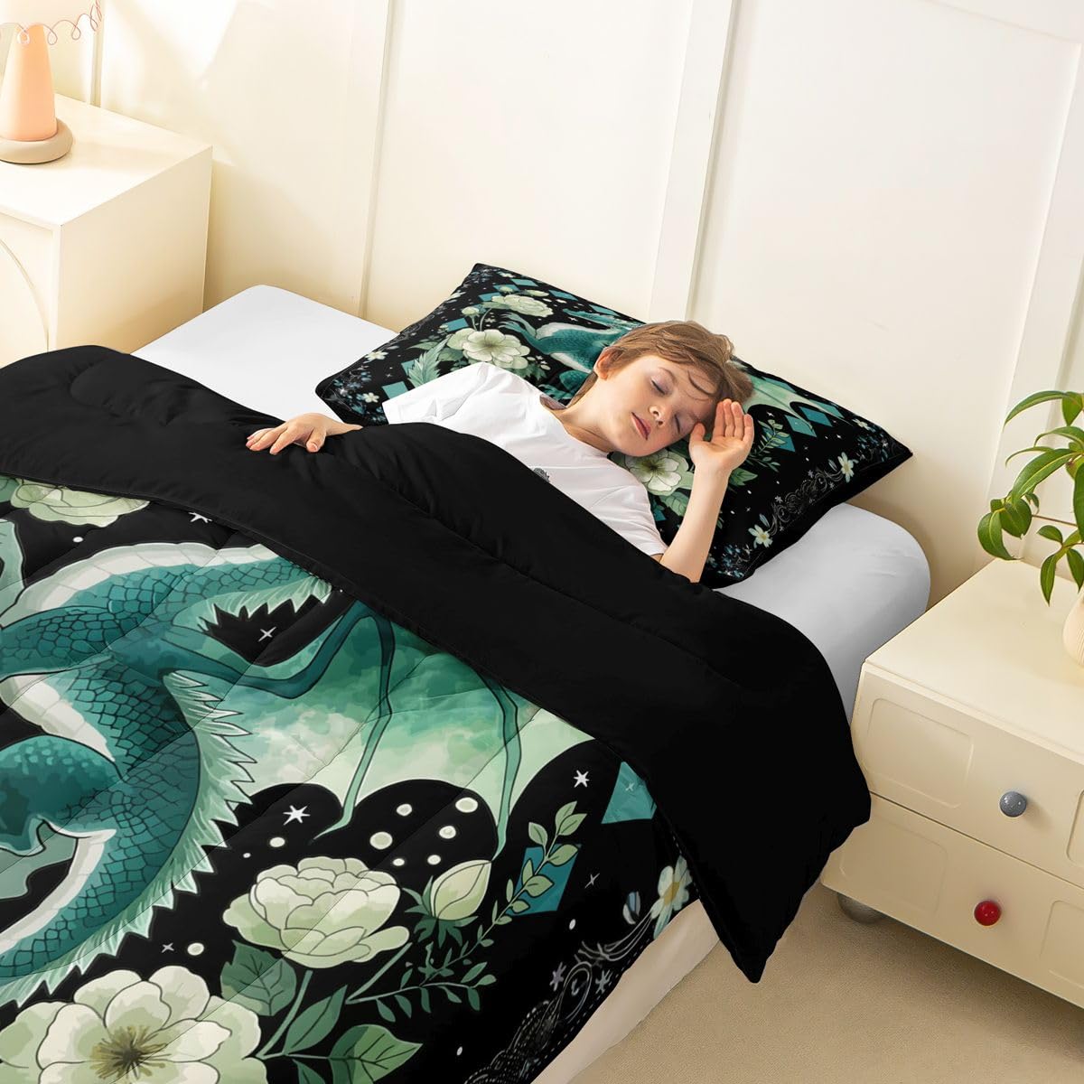 Feelyou Dragon Bedding Set Soft for Boys Girls, Magical Beast Comforter Set Twin Size Jungle Dragon Duvet Quilt Microfiber Wild Animal Bedroom Decor Fantasy Animal 2 Pcs with 1 Pillow Cases
