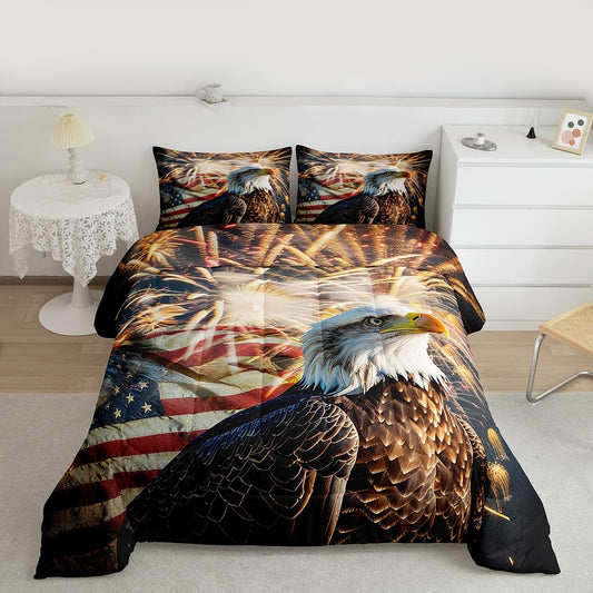 Erosebridal American Flag Comforter Eagle Room Decorative Comforter Set Queen Size Firework Bedding Set Wildlife Animal Bird Down Comforter Soft Lightweight Quilt Set with 2 Pillowcases