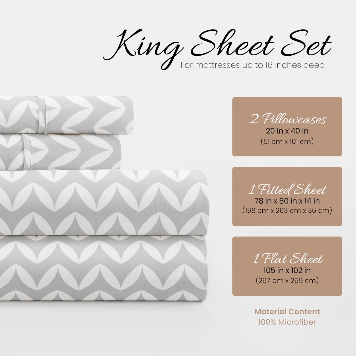 Linen Market Double-Brushed Patterned Microfiber King Sheet Set 4 Piece – Oeko-TEX Certified Ultra Soft & Wrinkle-Free - 16" Deep Pocket Sheets - Easy Care King Size - Puffed Chevron Light Gray