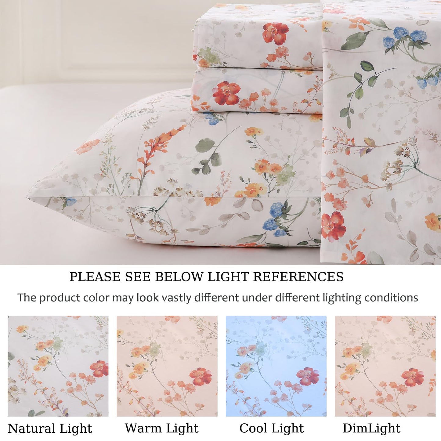 Zusbest Queen Sheet Set Floral Patterned 100% Percale Cotton Orange Blue Flower Sheets Set Green Botanical Printed on White Deep Pocket Fitted Sheets, Crisp Soft Breathable for Hot Sleepers, 4 Pcs