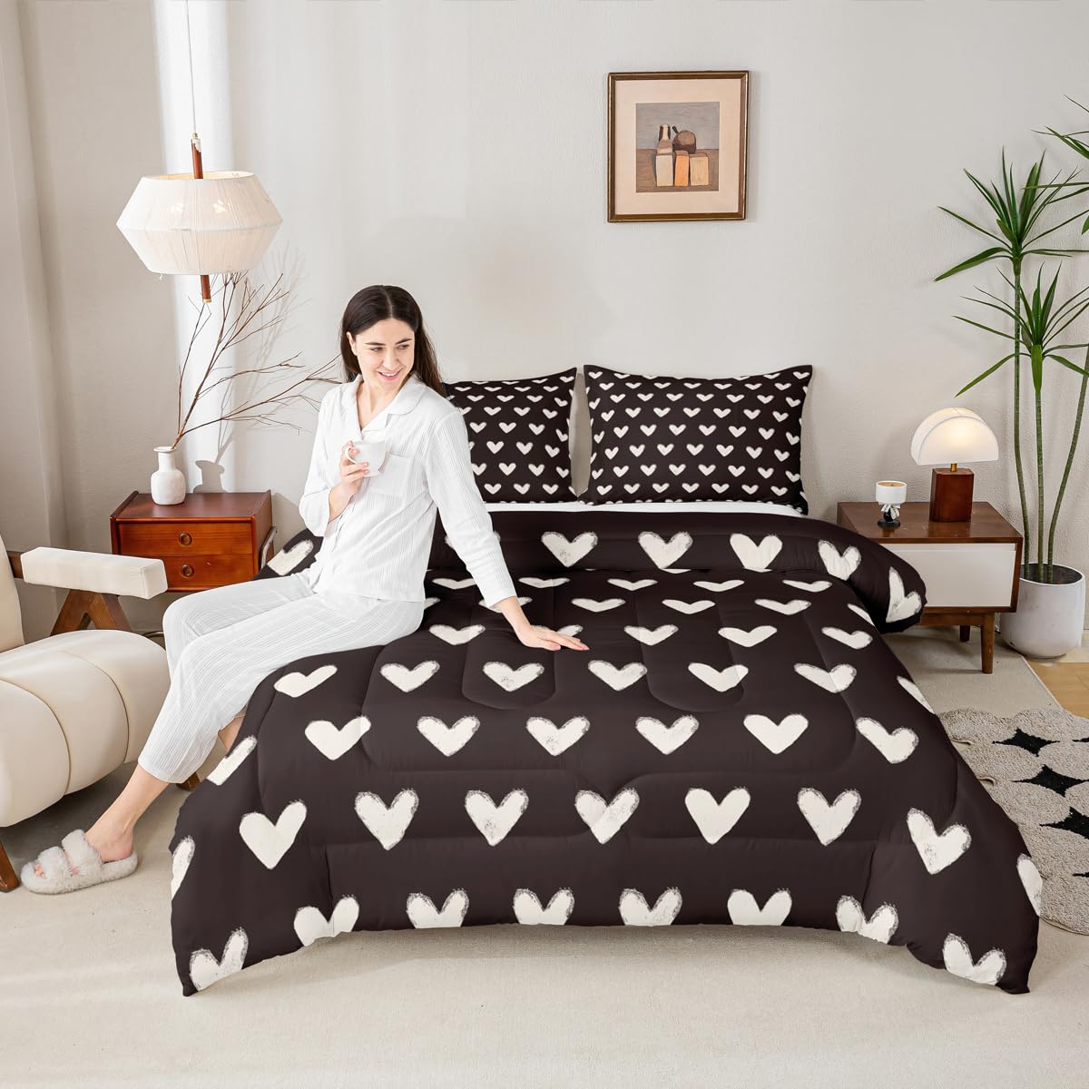 Erosebridal Love Comforter Set Queen Black and White Bedding for Kids Boys Girls Cute Heart Shaped Valentine Day Down Comforter Kawaii Cartoon Love Heart Geometric Duvet Insert Soft Warm Quilt 3Pcs