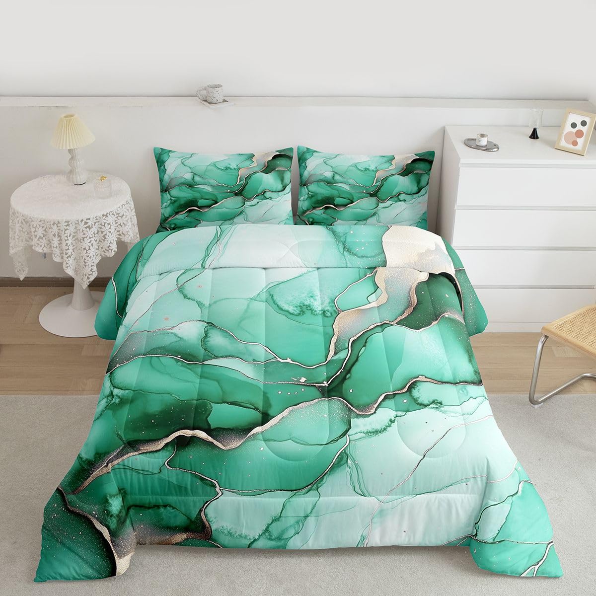 Erosebridal Green Marbling Comforter Set King Marble Print Bedding Set Gold Ink Fluid Art Comforter for Kids Boys Girls,Ombre Marble Textured Quilt Duvet