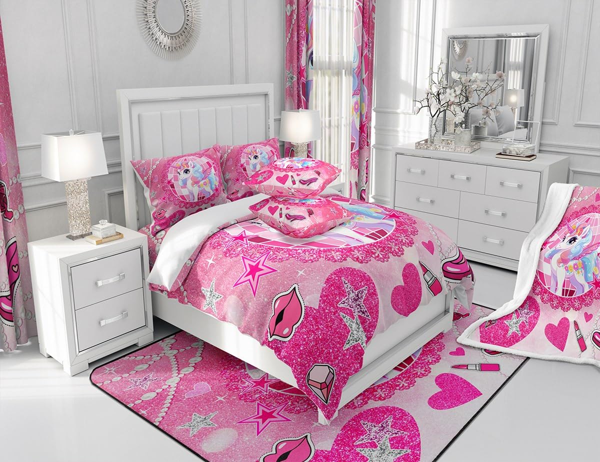 Cartoon Unicorn Kids Comforter Set Queen Size,Bowknot High-heeled Shoes Lip Romantic Bedding Set,Girls Women Room Decor,Stars Sparkling Princess Down Comforter,Pink Cute Duvet Insert,2 Pillowcases