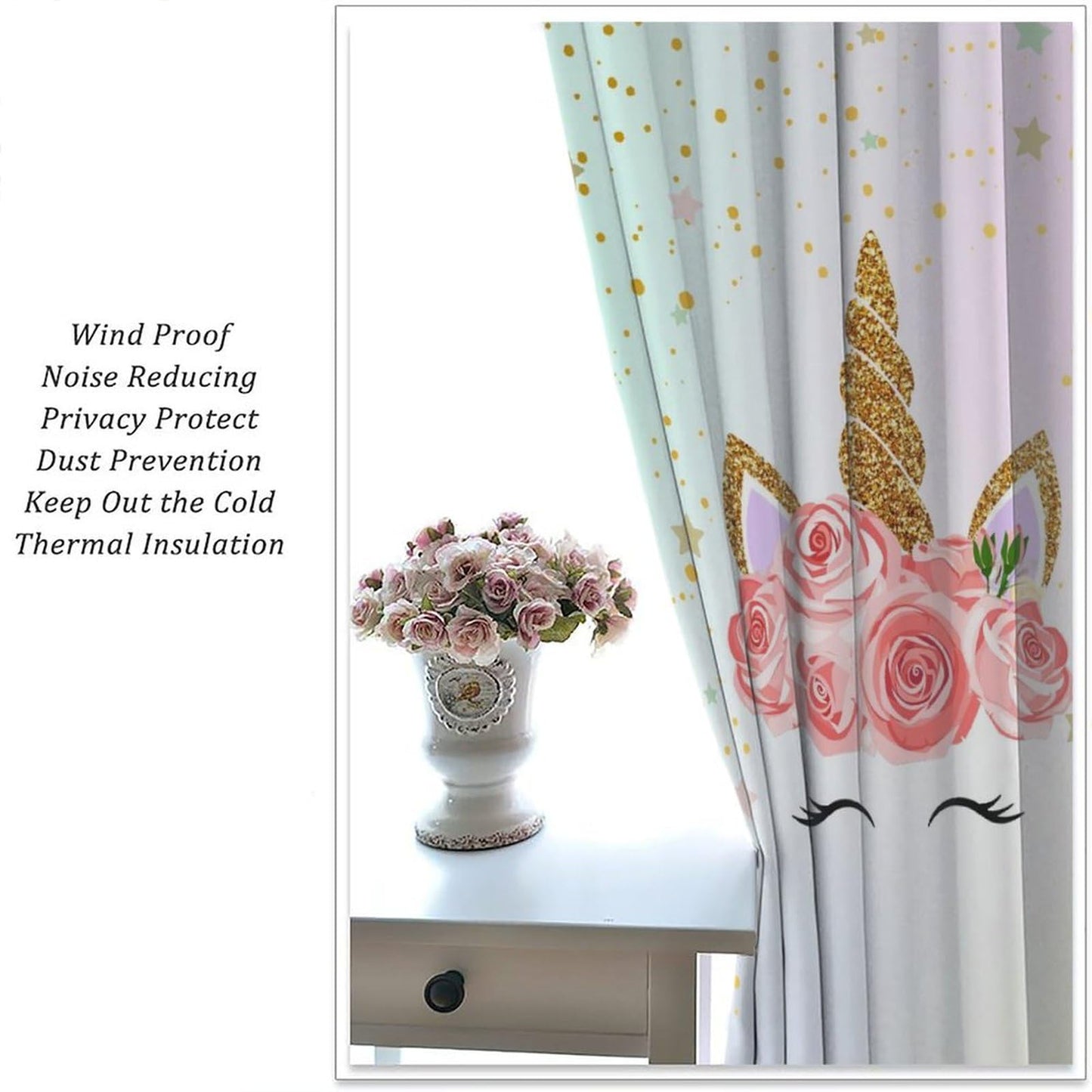 YCness Girls Unicorn Curtains Ombre Rainbow Pink Art Printed Window Drapes for Kids Children Nursery Playroom Room Decor Fabric Set 2 Panel 42x45 Inch 30% Shading Rate