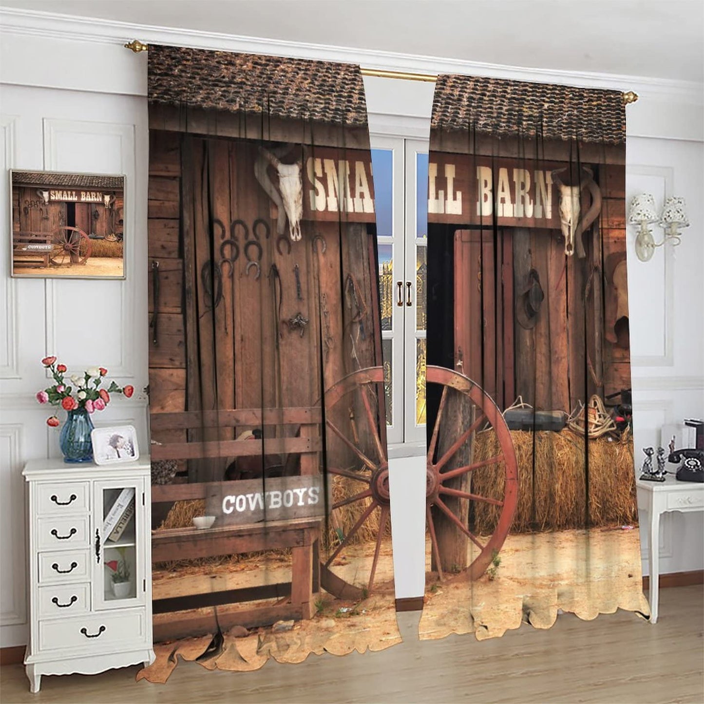 Western Curtains,Rustic Wooden House Country Cowboy Western Style Room Darkening Door Window Rod Pocket Curtain for Living Room Bedroom Kitchen Bathroom W42xL45in