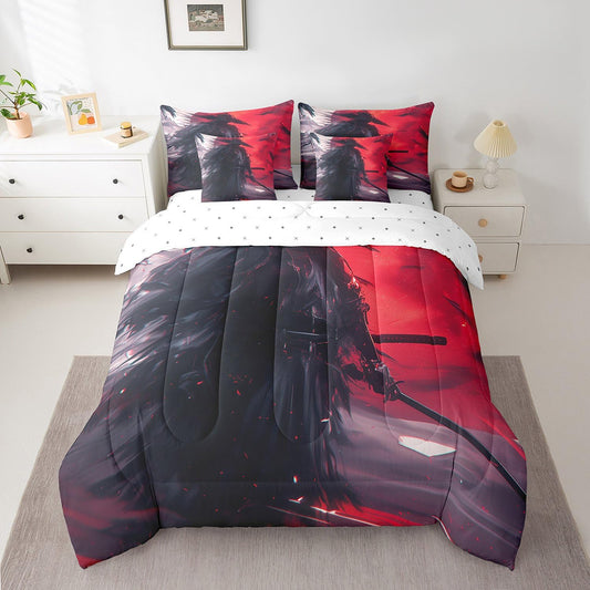 7 Pieces Twin Size Japan Ukiyo-e Samurai Comforter Set,Japanese Samurai Sword Bedding Set for Boys Men,Moon Crow Jungle Bird Animal (Comforter+Fitted+Flat Sheet+2 Pillowcases+2 Throw Pillow Covers)