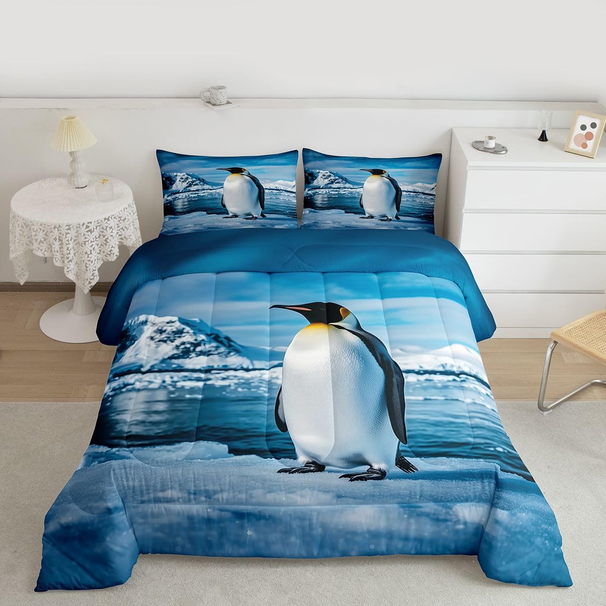 Erosebridal Penguin Kids Comforter Sets Glacier Snow Queen Bedding Set for Boys Girls Cloud Blue Sky Wild Animals Print Comforter Set,Antarctica Landscape Quilt Duvet 3 Pcs