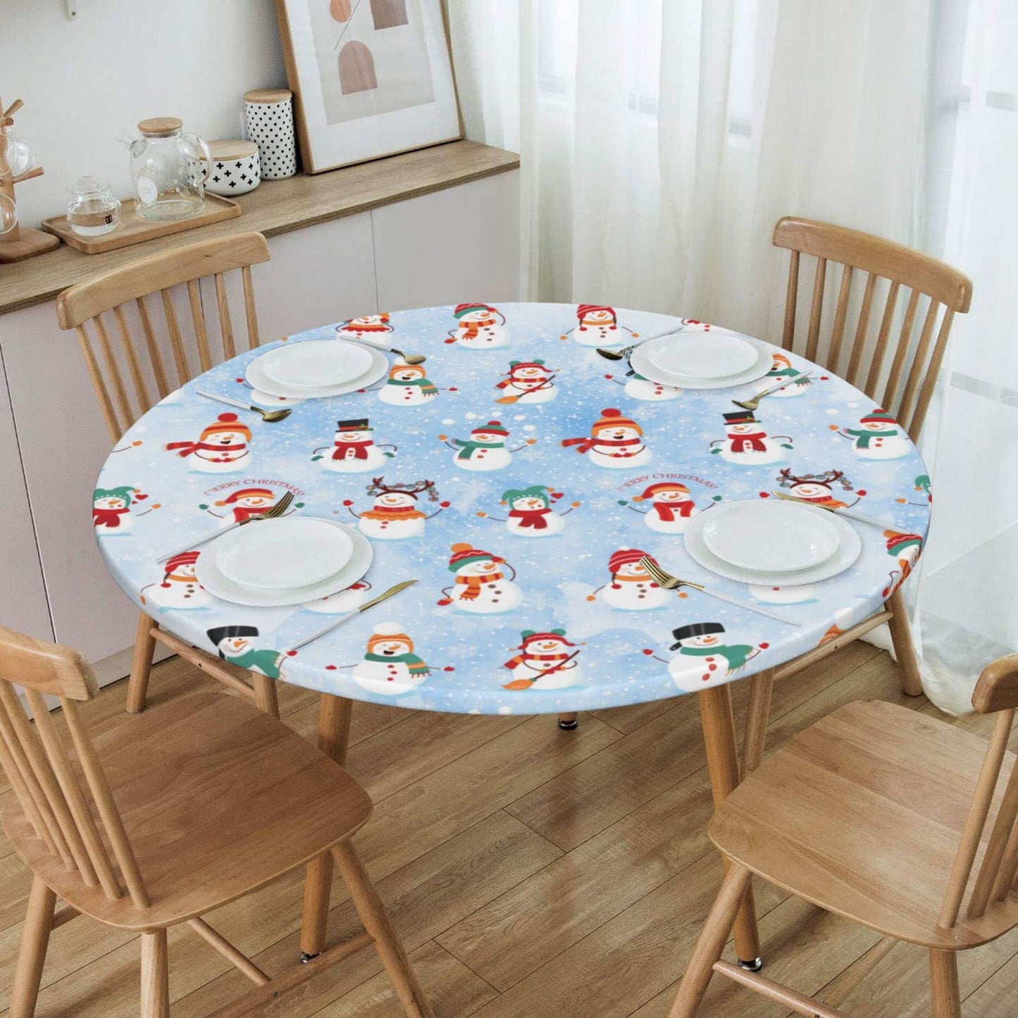 KUOAICY Christmas Snowman Winter Snow Blue Round Fitted Tablecloth with Elastic Edged Decorative Kitchen Dining Table Cloth Cover Fits 45-50" Round Table
