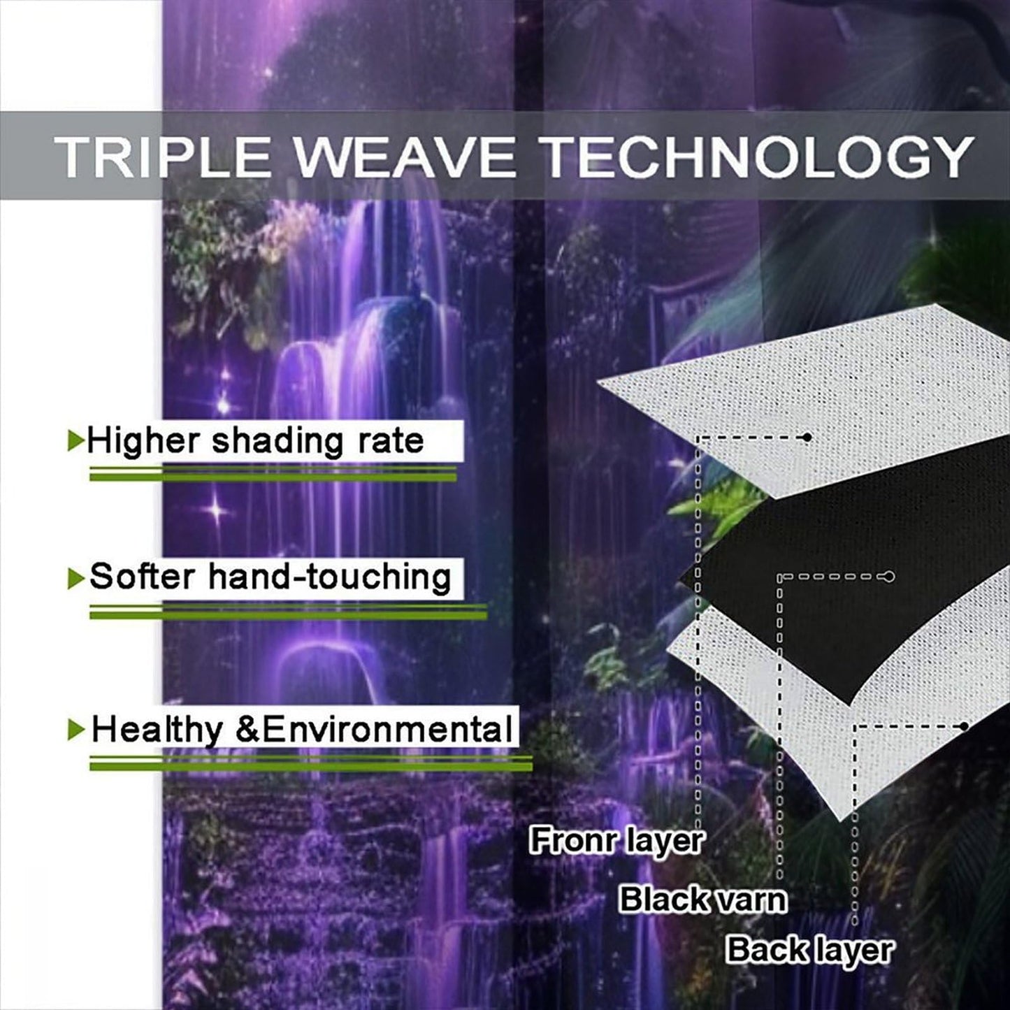 HZOHNAGO Enchanted Forest Curtains Fantasy Nature Purple Fireflies Waterfall Pattern Blackout Print Rod Pocket Window Drapes for Bedroom Living Room 42x45in