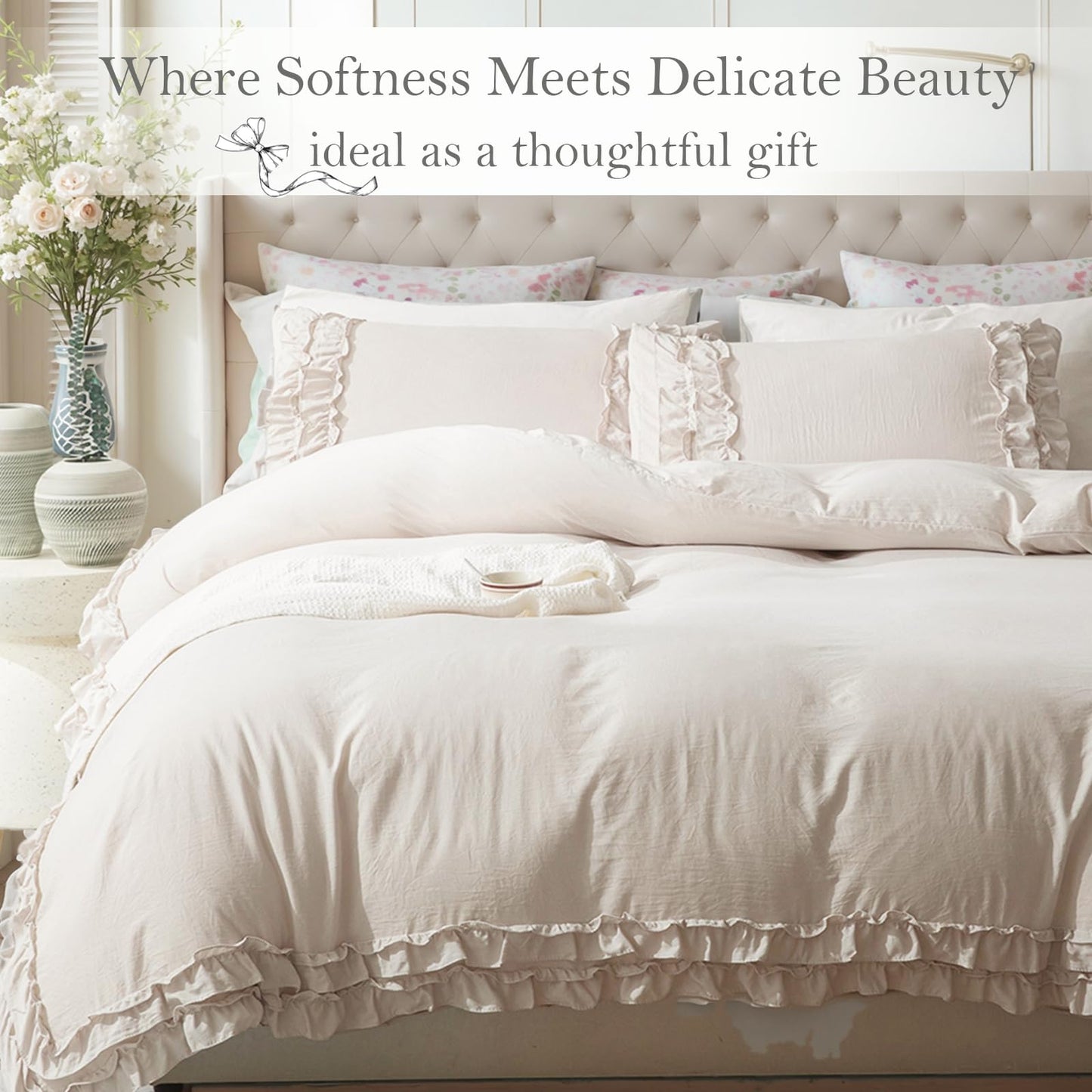 Bedorm Beige Duvet Cover Queen Shabby Chic Bedding Soft Breathable Washed Microfiber Ruffle Duvet Cover Coquette Cute Comforter Cover Girls Women