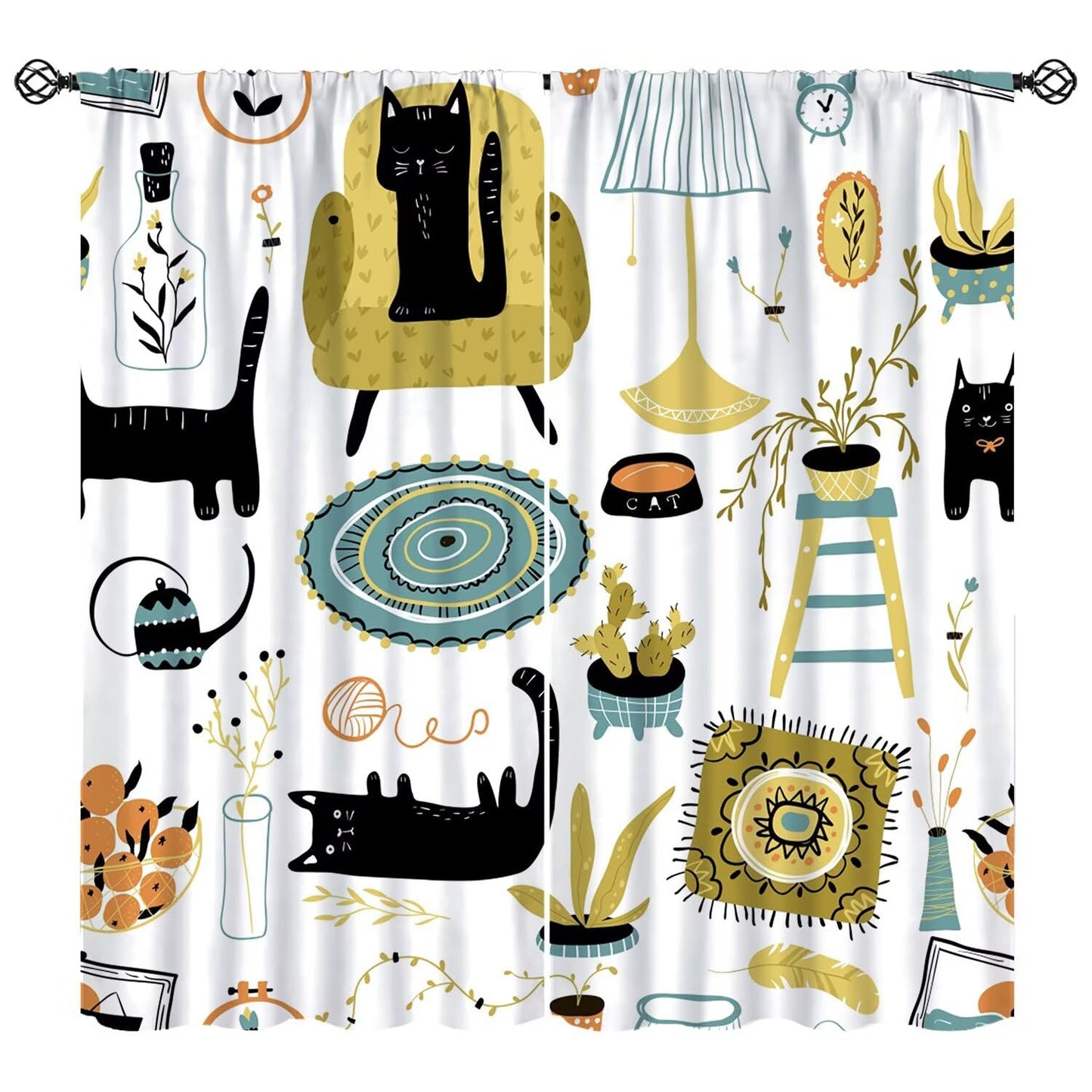 ACOOLTD Cartoon Curtains Rustic Black Kitty Home Ambiance Cute Patterns Furniture Blackout Window Treatment for Kids Bedroom Kitchen Cafe Home Decor Drapes，2 Panels 42" W X 45" L