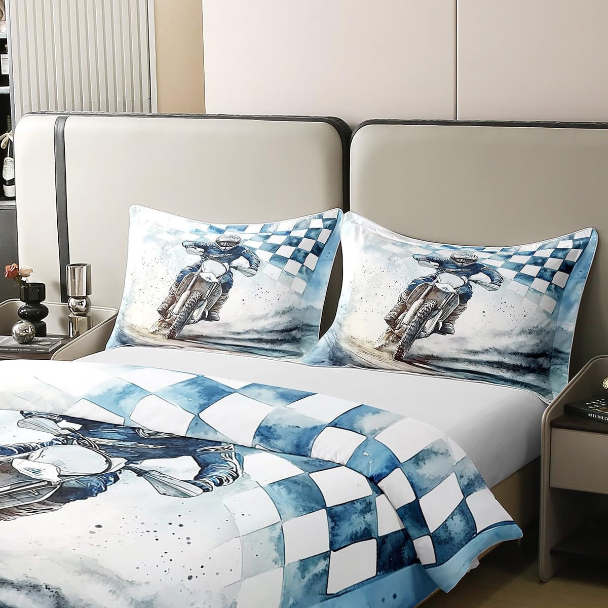 Feelyou Dirt Bike 100% Cotton Duvet Cover Kids Boys Girls Queen Size Motorcycle Racer Bedding Set Teen Ultra Soft Extreme Sports Comforter Cover Racing Motocross Rider Bedspread Cover (No Comforter)
