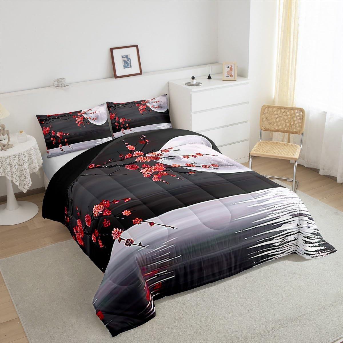 Manfei Dreamy Moon Night Twin Size Comforter Set for All Seasons,Red Flower Lake Bedding Set Teens Bedroom Decor,Romantic Japanese Style Comforter Inner Fill with 1 Pillowcase
