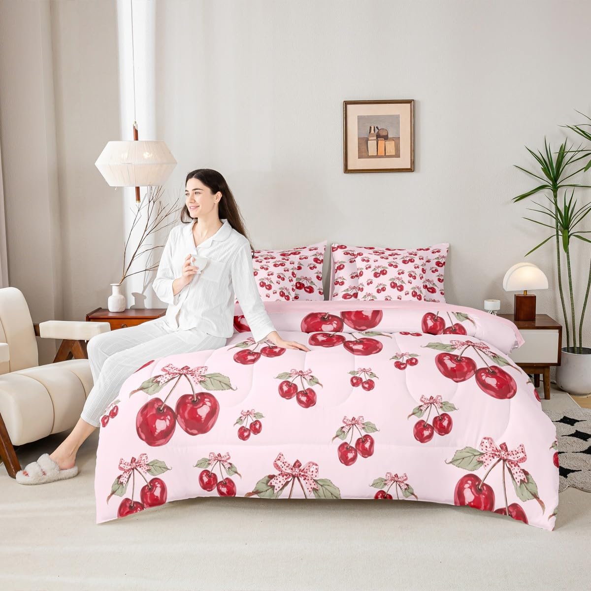 Feelyou Red Cherry Comforter Set with Sheets 7 Piece Twin Size Pink Bowknot Bed in a Bag Kids Boys Girls Cartoon Cherry Bedding Set Cute Bow Bedroom Decor Breathable Soft Lightweight Microfiber