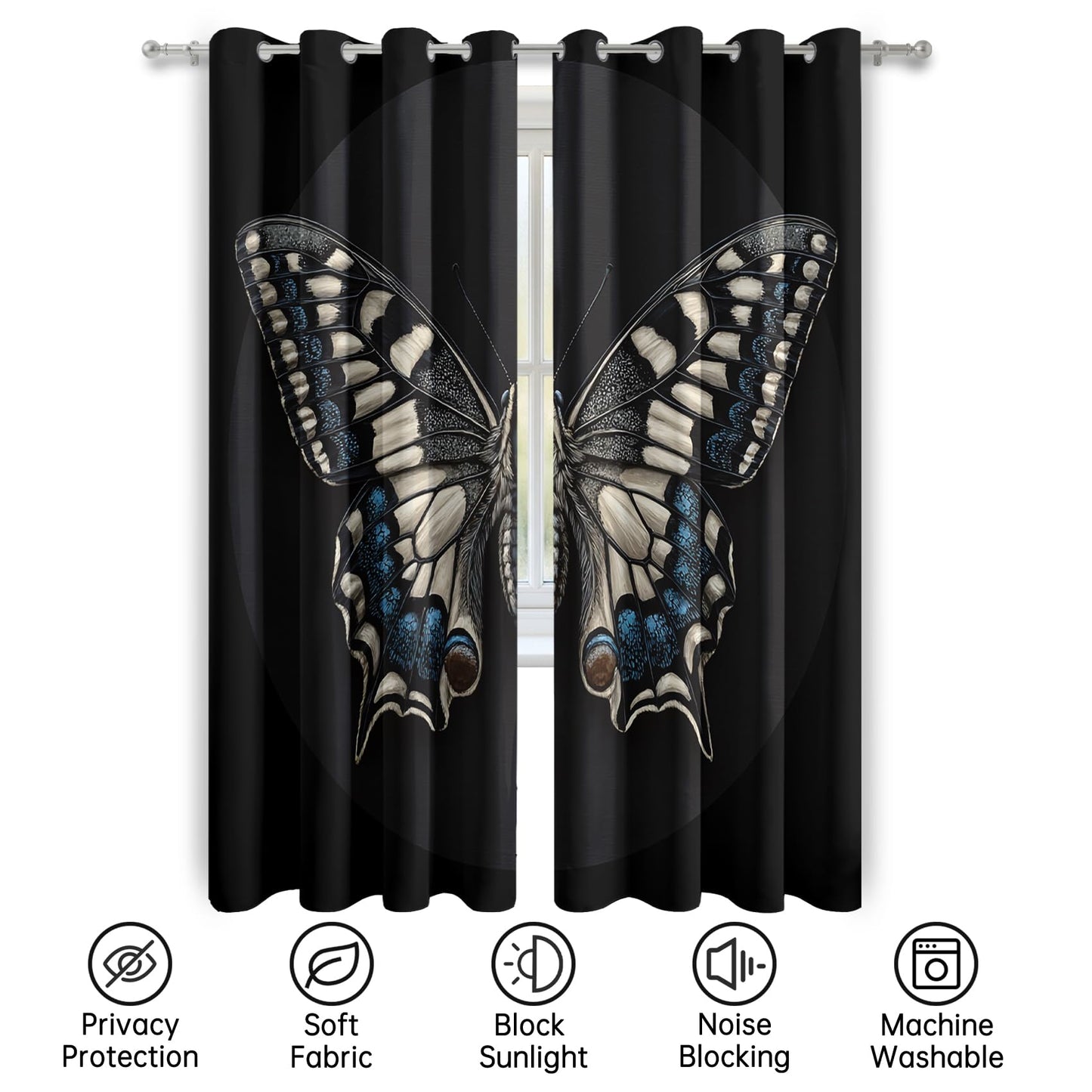 Mistwalk Butterfly Curtains Blackout, 63 Inch Curtains for Bedroom & Living Room, Room Darkening Thermal Insulated Grommet Drapes, Insect Moth Patterned Window Treatments