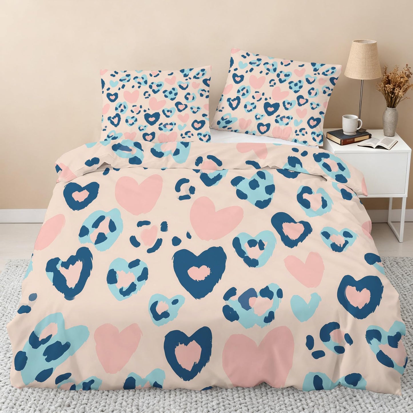Blue Pink Cheetah Print Duvet Cover Queen, Heart Leopard Print Bedding Set 3 Piece & 2 Pillowcases, Animal Print Bedroom Decor, Reversible Soft Microfiber, Zipper Ties