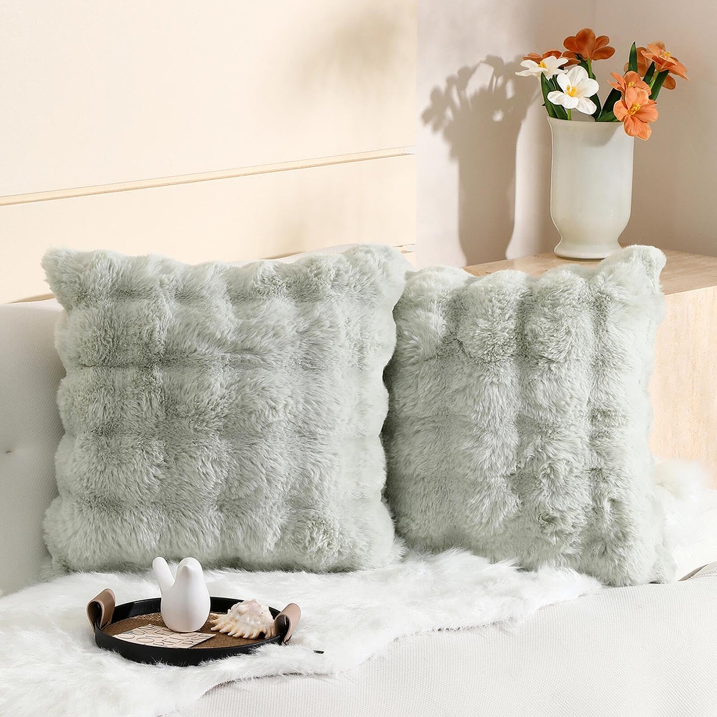 linmopm Excluding Insert Faux Rabbit Fur Bubble Pack of 2 Throw Pillow Cover Double Side 18x18 Inch Green Thick Plush Dense Fuzzy Decorative Cushion Covers for Couch Bedroom
