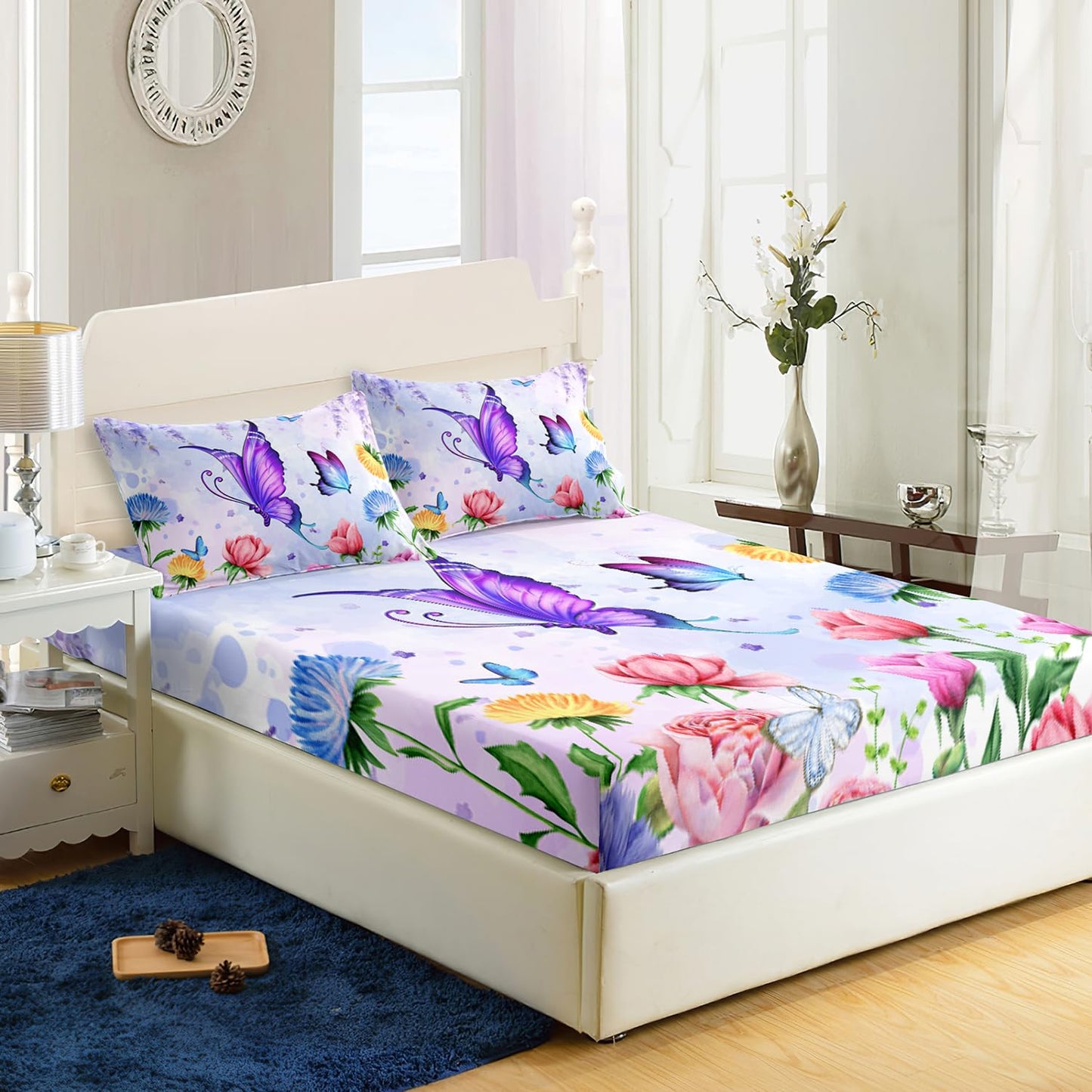 AILONEN Butterfly Bedding Set Twin Size Blue Pink Flower Fitted Sheets 3 Pieces Set Purple Lavender Sheet for Kids Girls Bedroom Decor Breathable Fitted Sheet and 2 Pillowcases