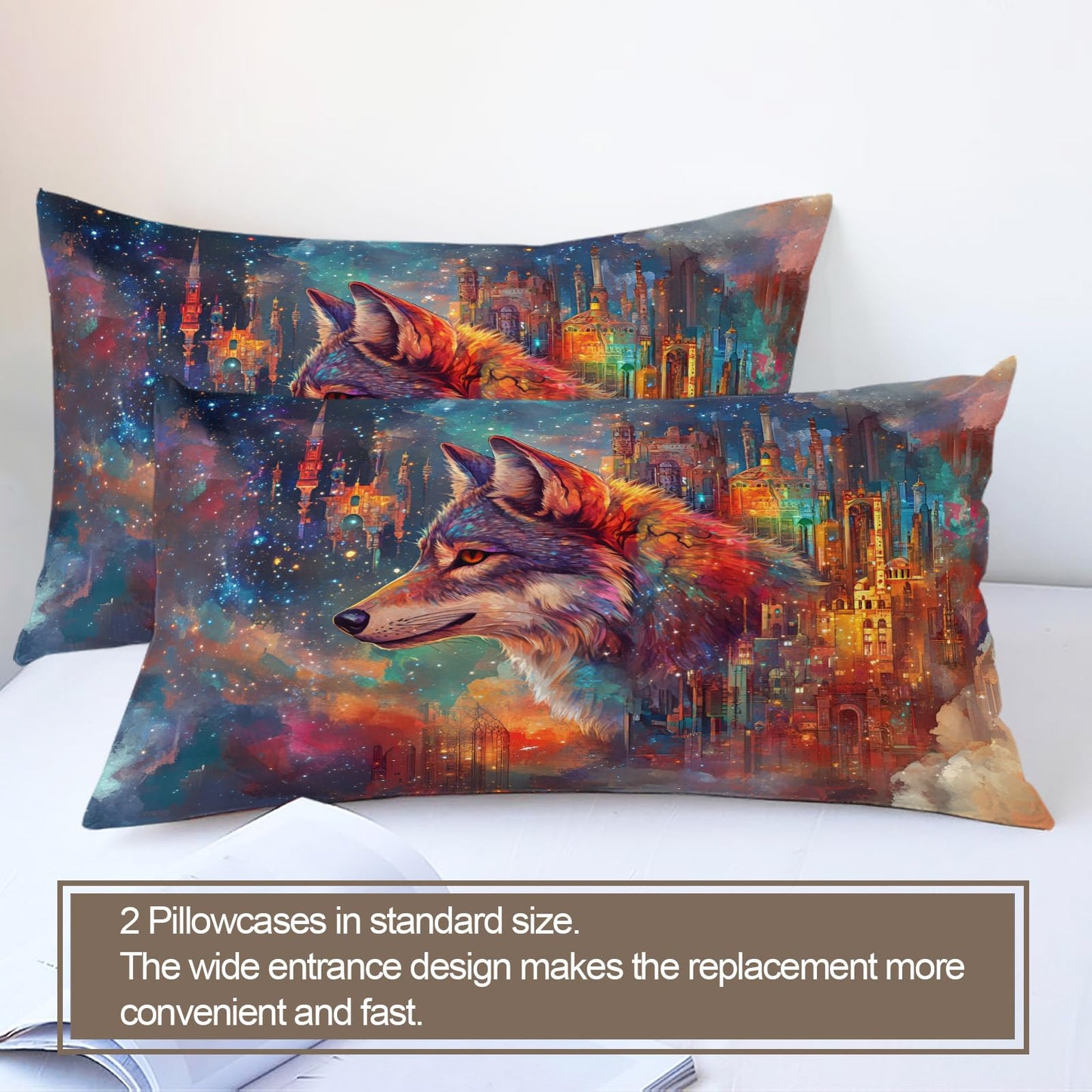 PAISUOQ Wolf Print Bedding, City Wolf Duvet Cover Full, Fantasy Animals Comforter Cover with Zipper Ties, 3 Pieces with 2 Pillowcases, Home Decor & Gifts