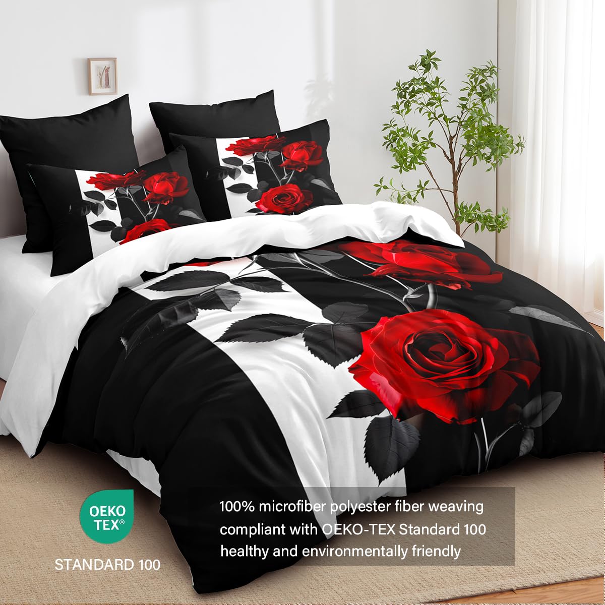 CCoutueChen Rose Comforter Set King Black Red Bedding Set Striped Floral Bedding for Women Aesthetic Comforter with 2 Pillowcases, Ultra Soft Lightweight 3Pieces
